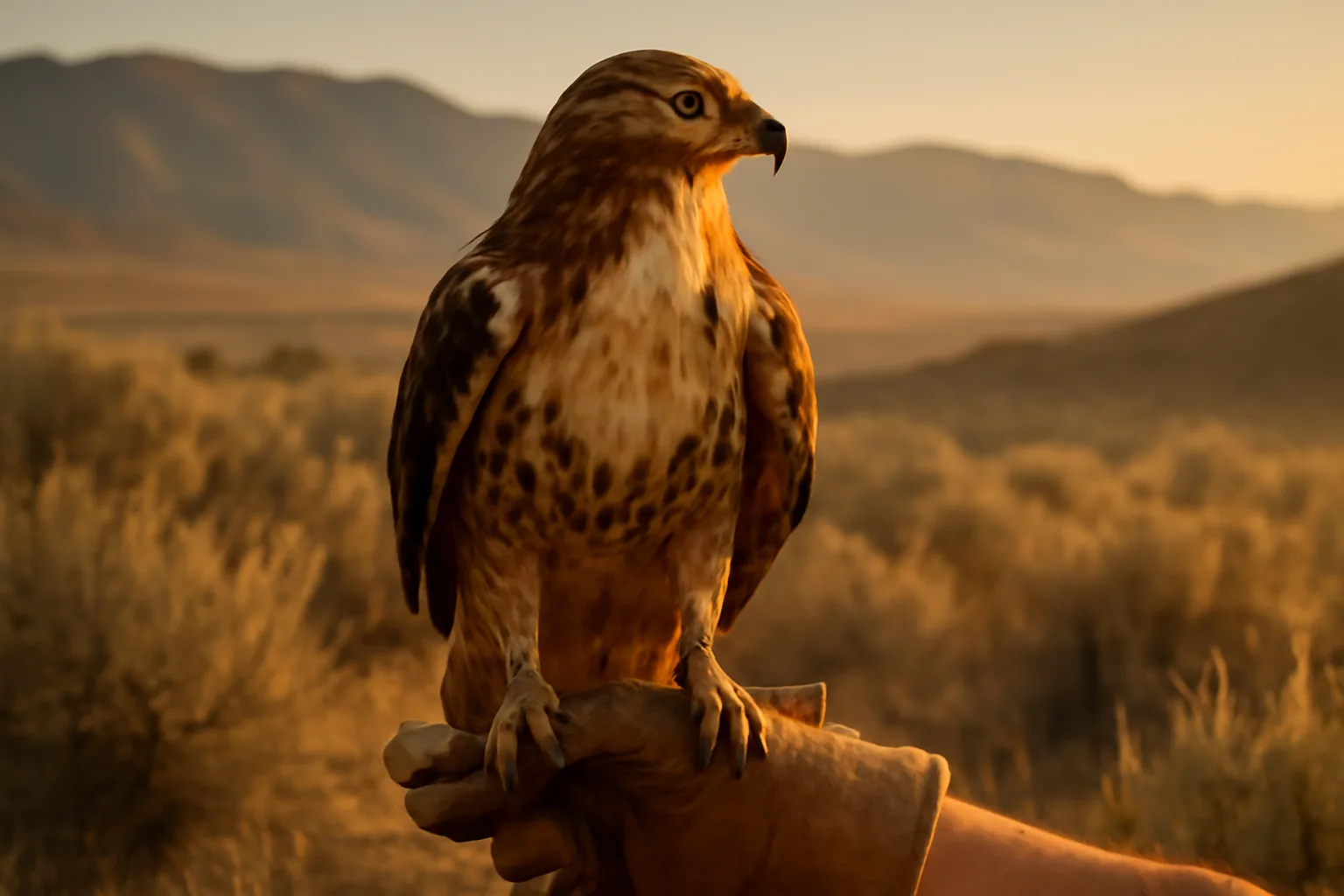 Red-tailed hawk on a glove in Idaho sagebrush light