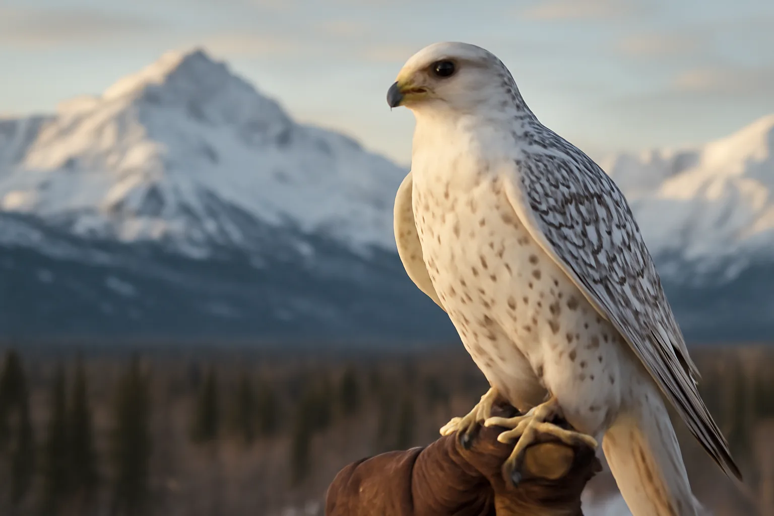 Gyrfalcon perched on falconer's glove against snowy Alaska mountains in winter light