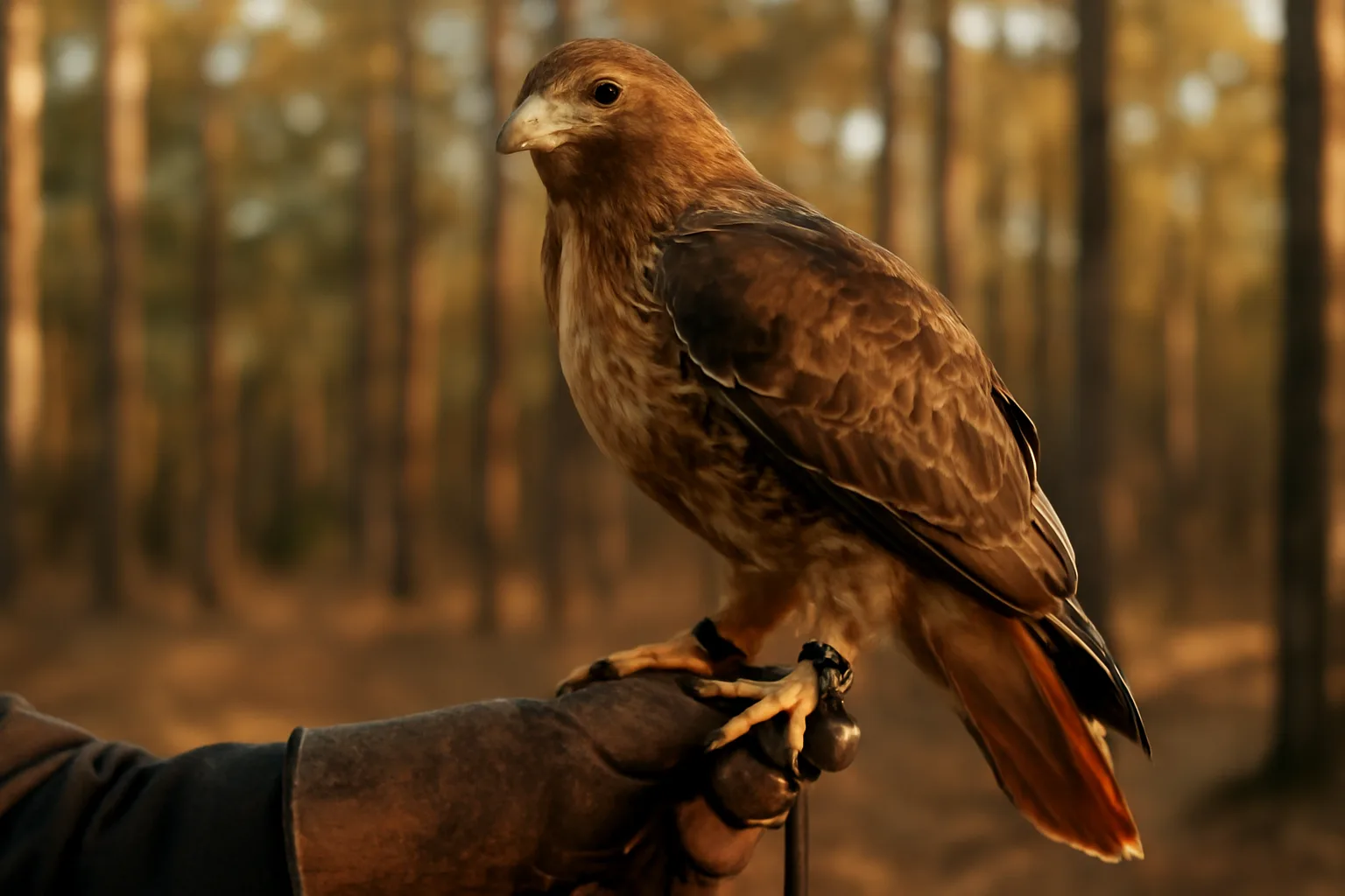Red-tailed hawk on falconer's glove in Alabama pine forest at golden hour