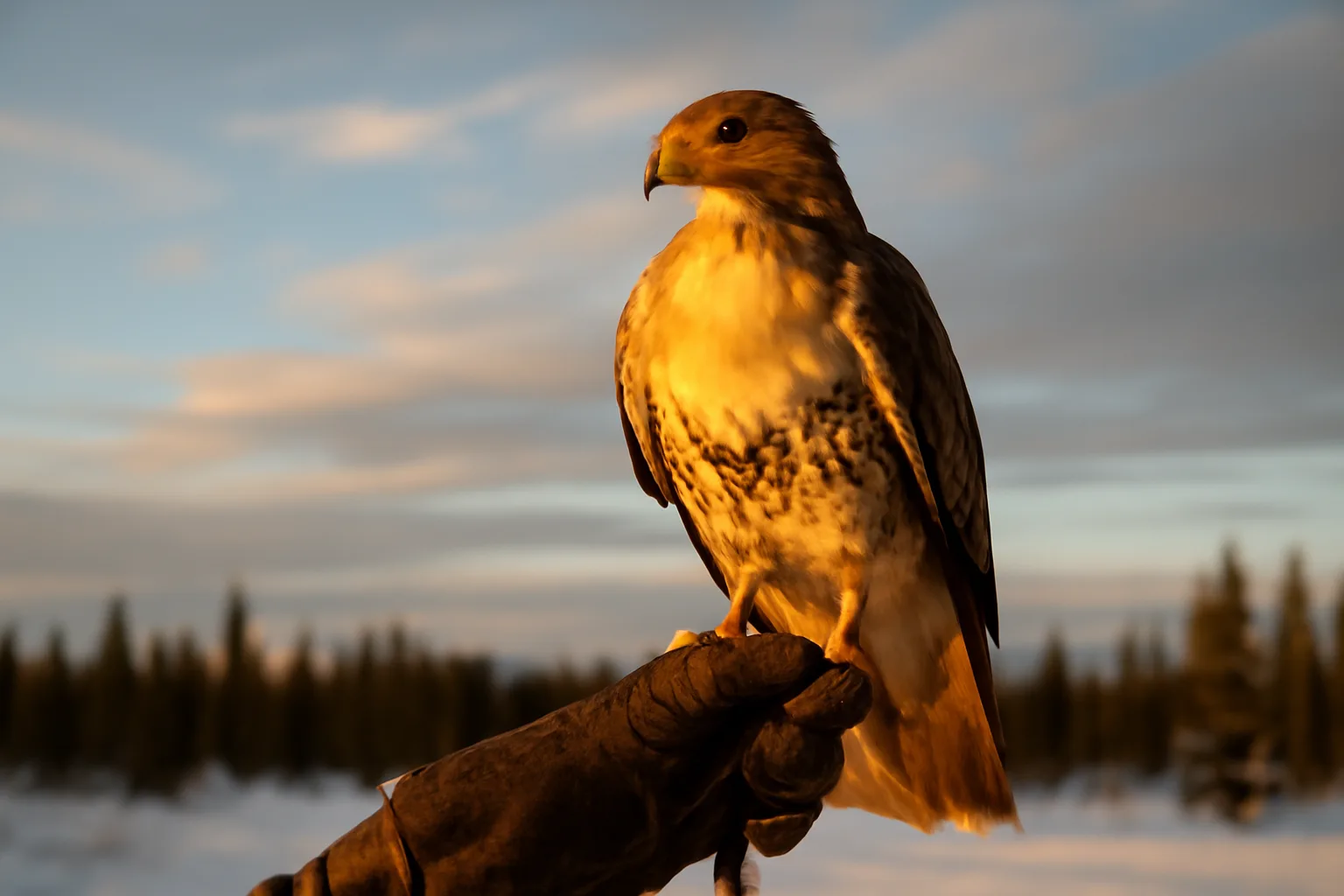 Red-tailed hawk on a falconer's glove in an Alaska winter landscape