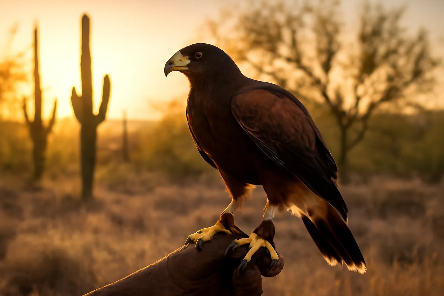 Harris's hawk on a glove in the Arizona desert morning