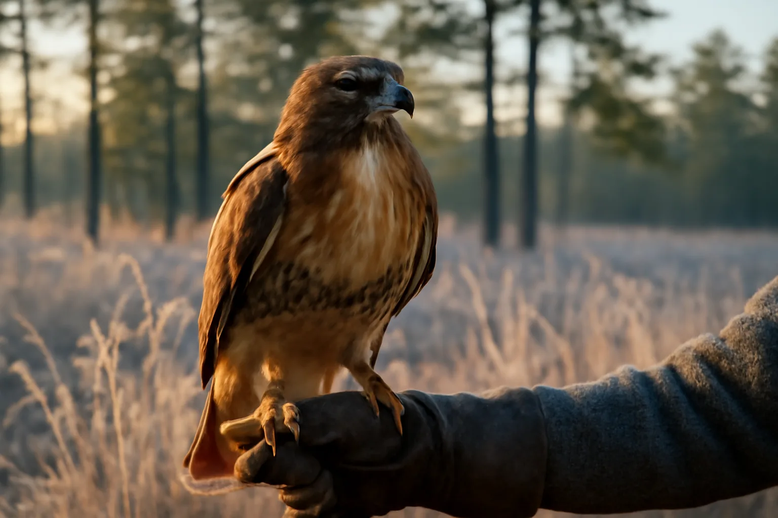 Red-tailed hawk on a falconry glove in Arkansas woods