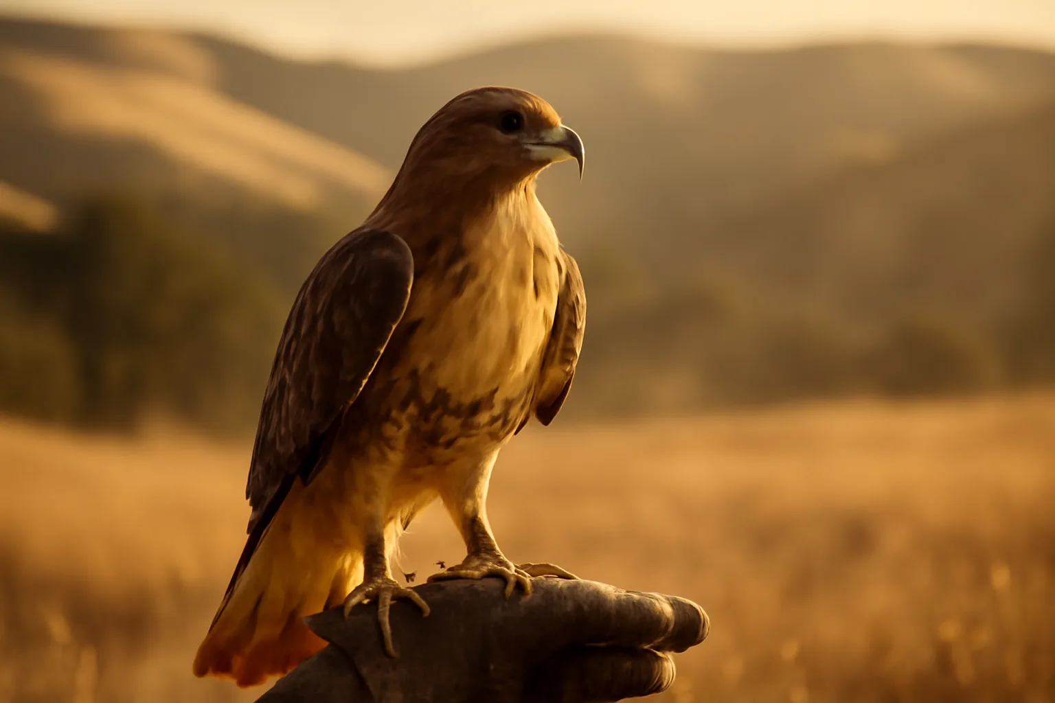 Red-tailed hawk used for falconry on a glove in California hills
