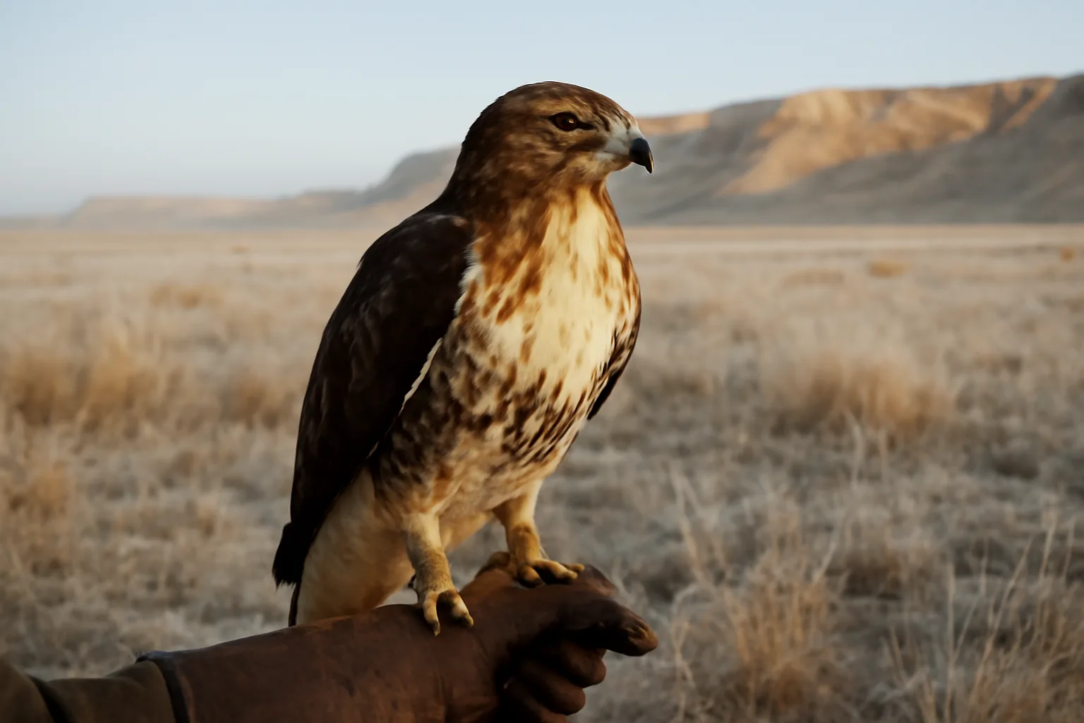 Falconry hawk on a leather glove on the Colorado plains at dawn