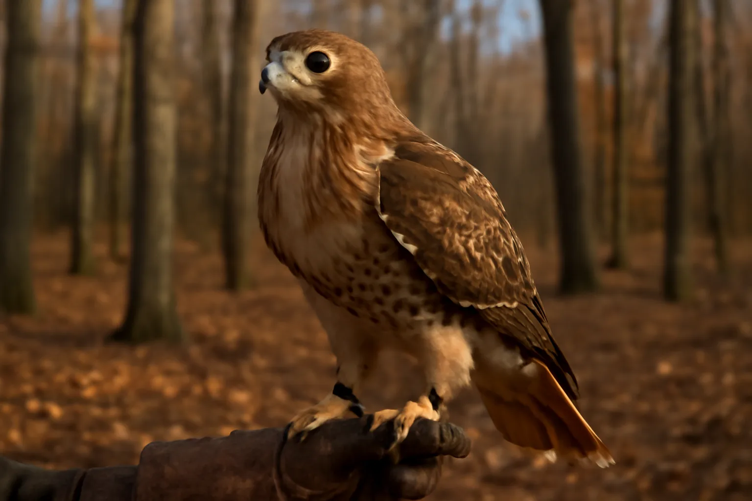 Red-tailed hawk on a glove in a Connecticut autumn woodlot