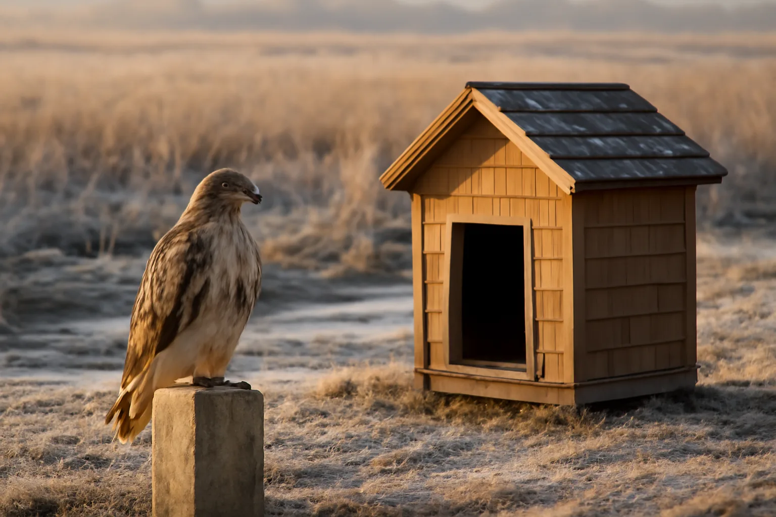 Red-tailed hawk perched beside a wooden mews on a Delaware marsh