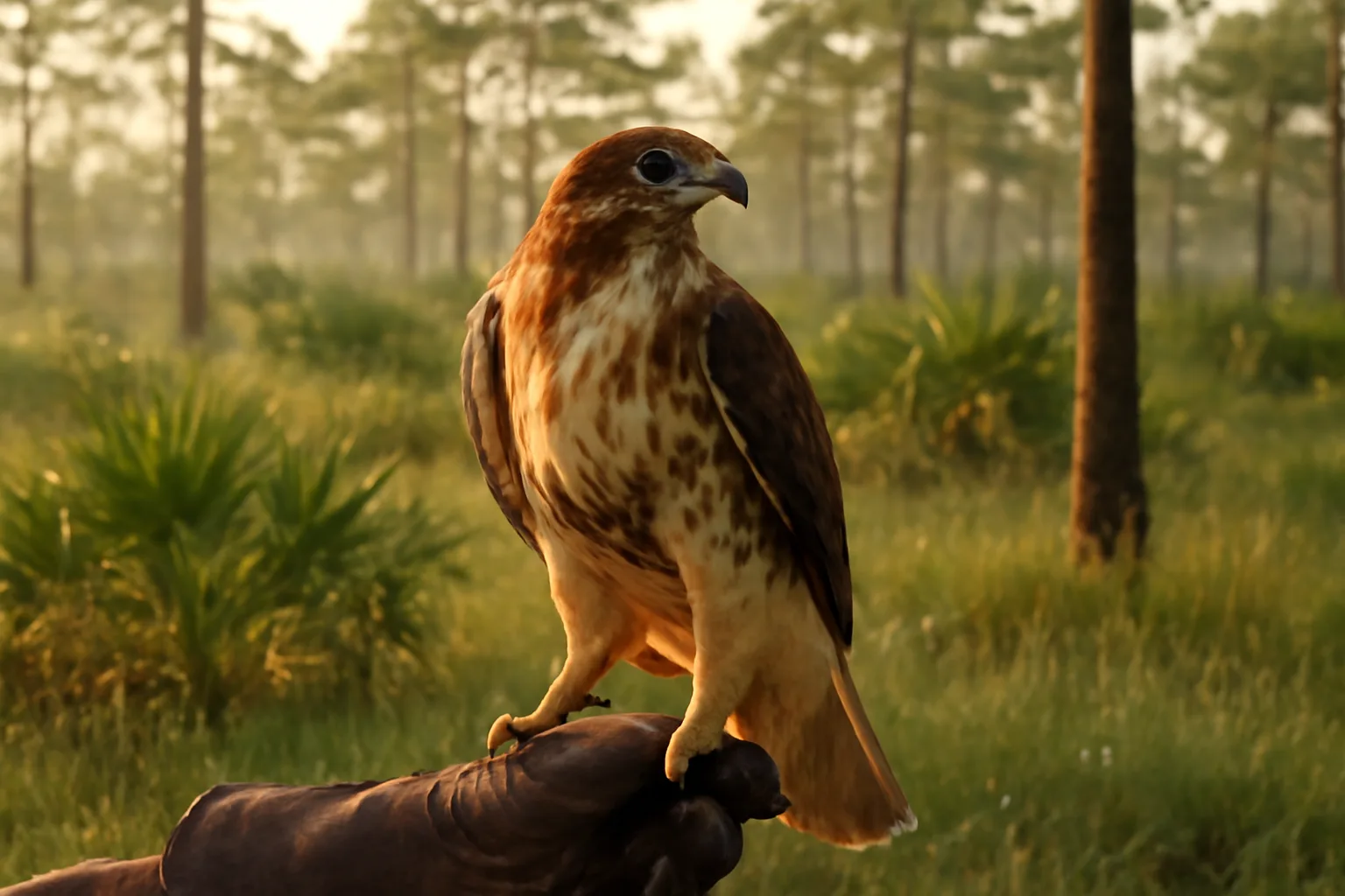 Red-tailed hawk on a glove in Florida pine flatwoods at dawn