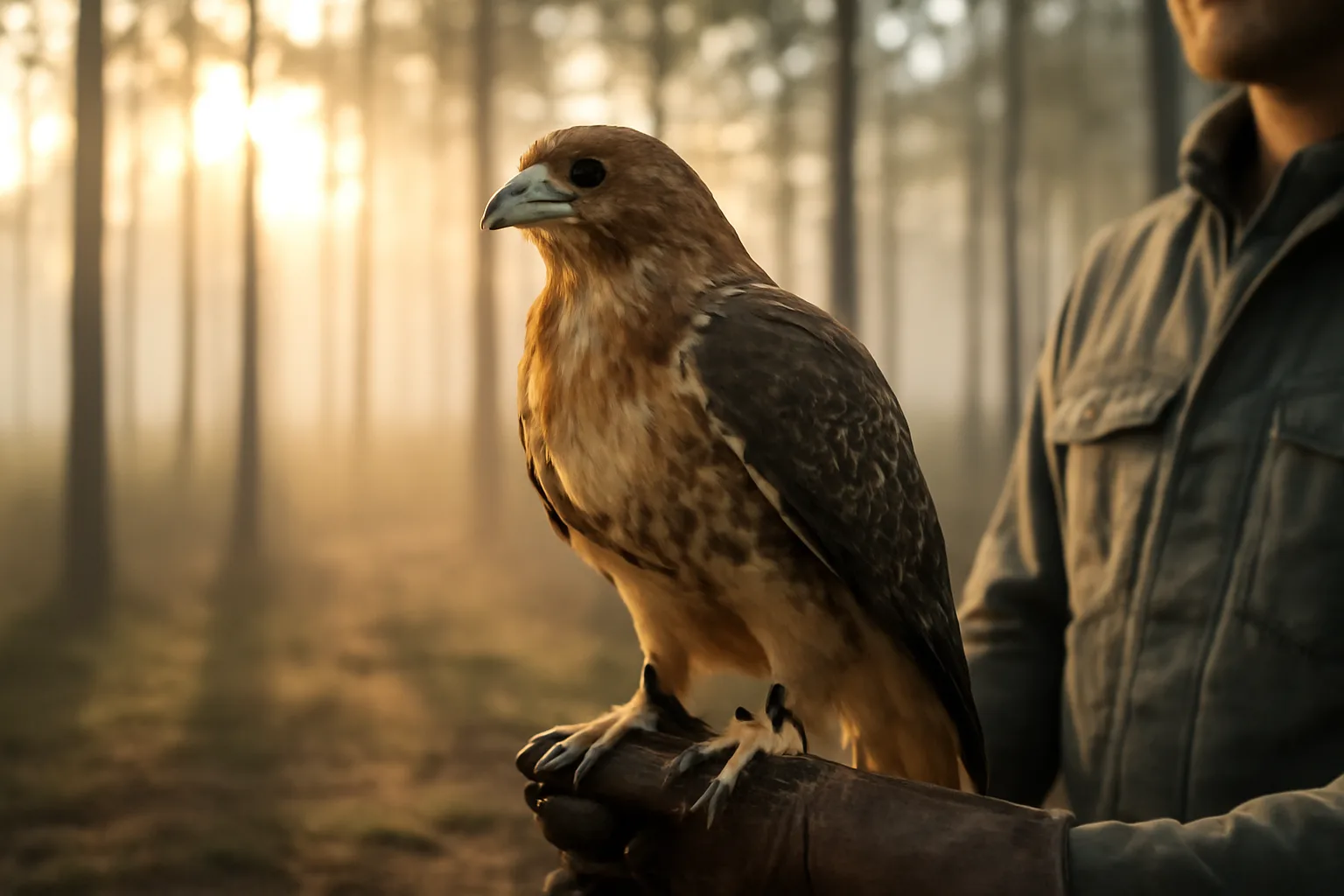 Red-tailed hawk on a glove in Georgia pine woods at sunrise