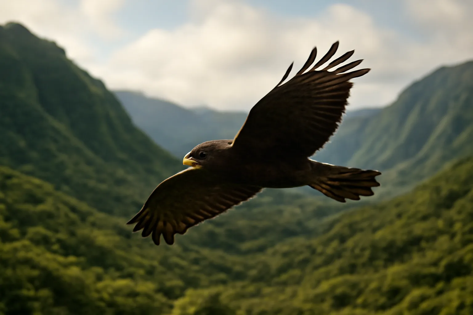 Wild Hawaiian hawk soaring over green Hawaii ridges at morning
