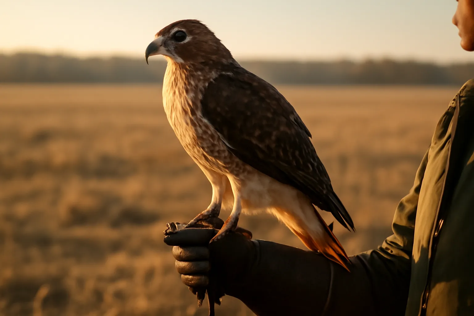 Red-tailed hawk on falconer's glove in Alabama winter field at dawn