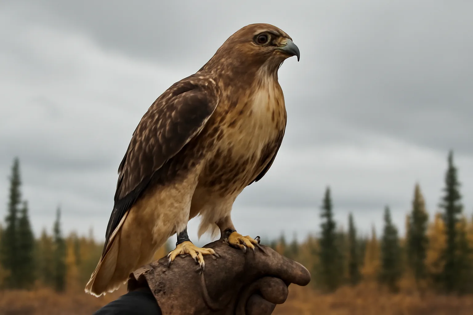 Red-tailed hawk on a falconer's glove with Alaska boreal forest behind