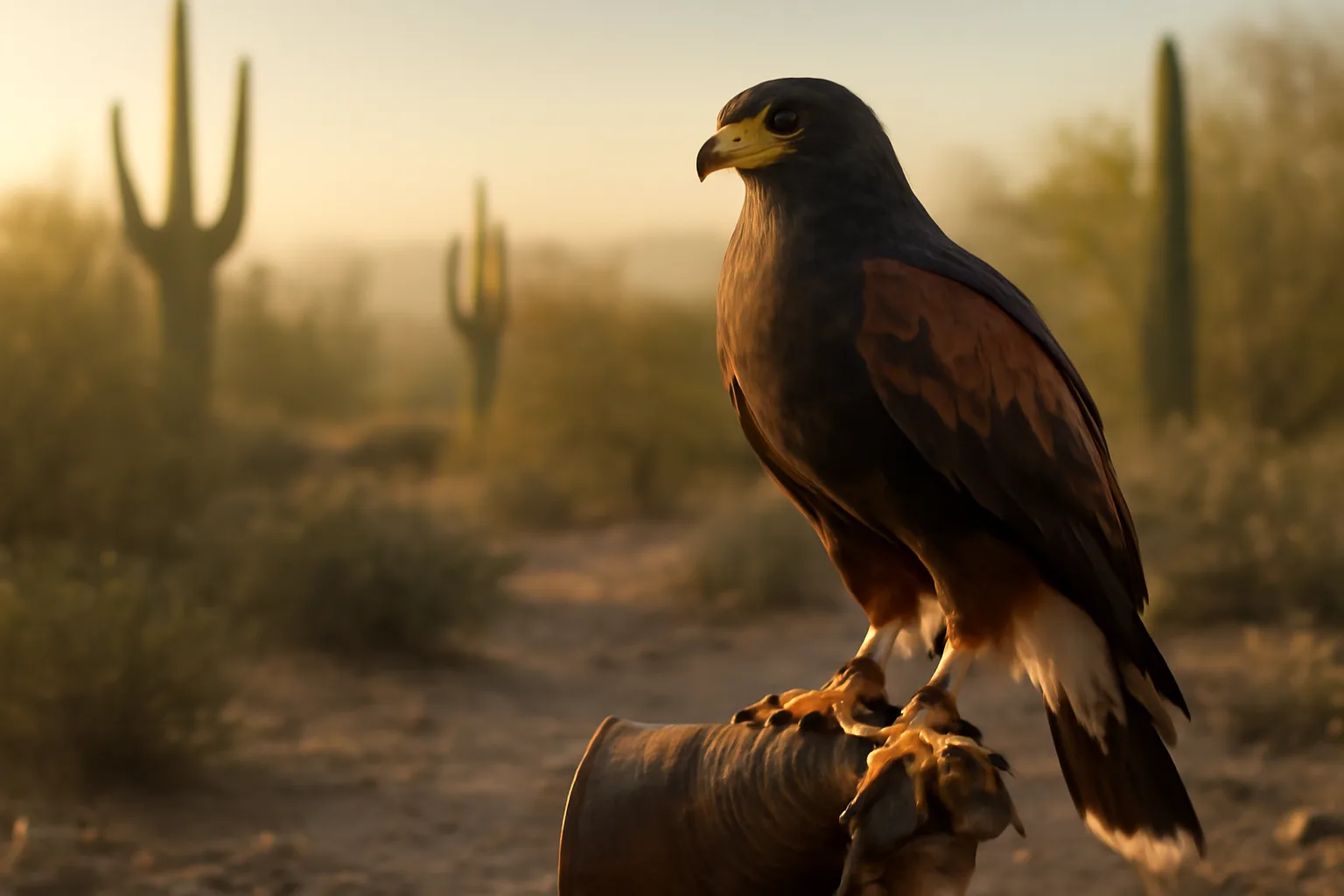 Harris's hawk on a glove at sunrise in the Arizona desert