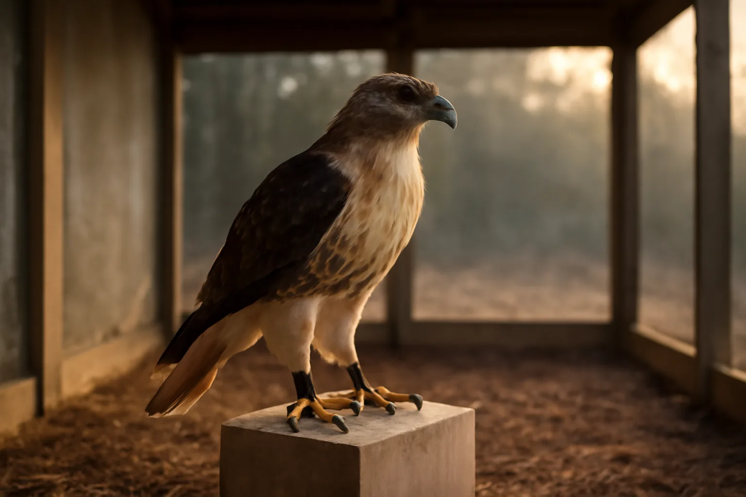 Red-tailed hawk on a perch in an Arkansas backyard mews