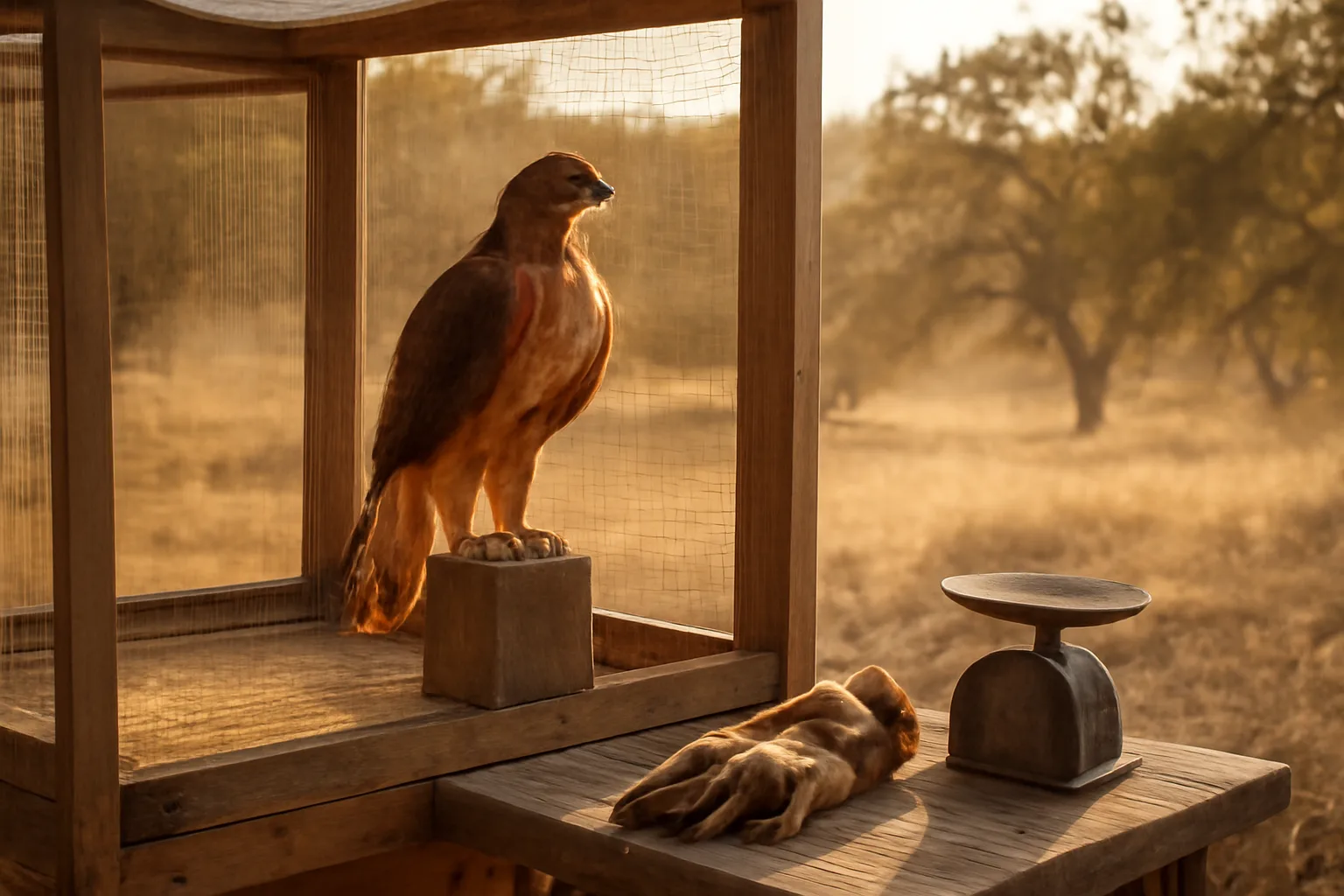 Red-tailed hawk on a perch by a California backyard mews