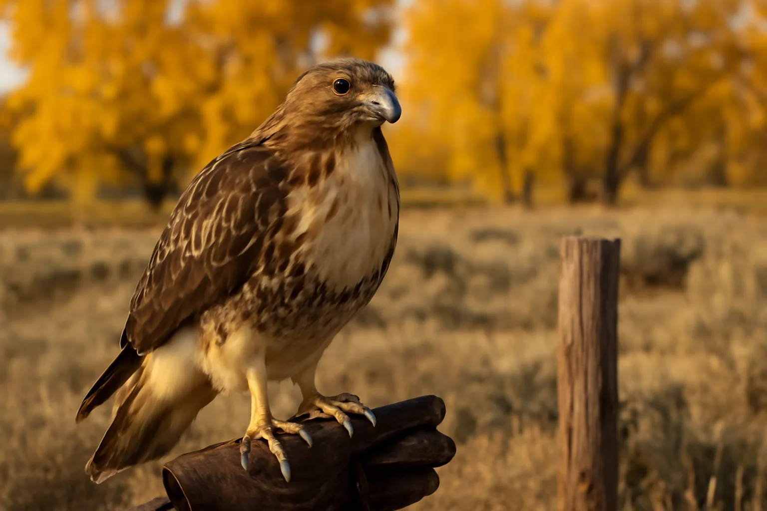 Red-tailed hawk used for falconry on a glove in Colorado grass