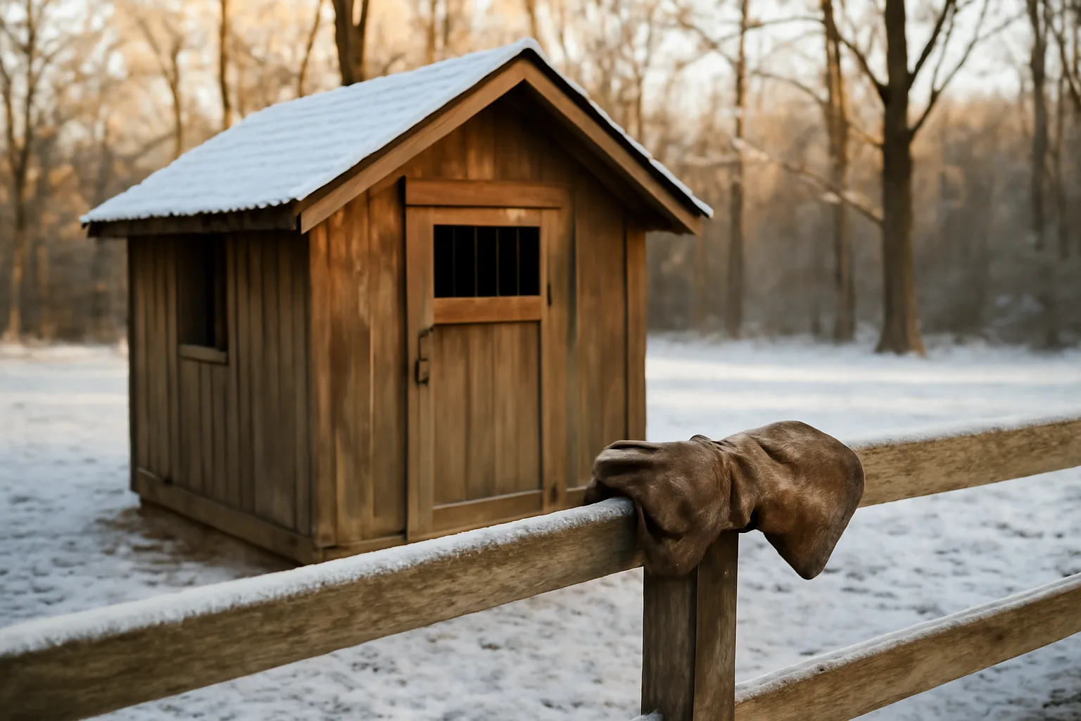 Snowy Connecticut backyard mews used for falconry housing at sunrise