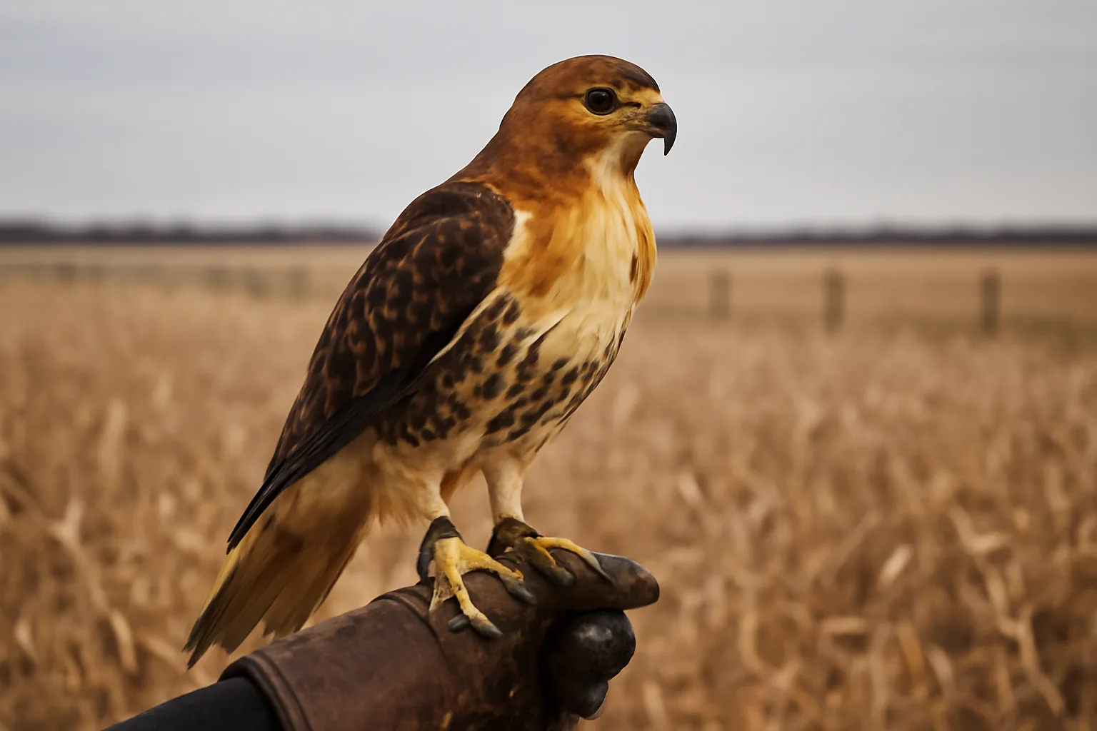Red-tailed hawk on a glove beside a Delaware harvested field