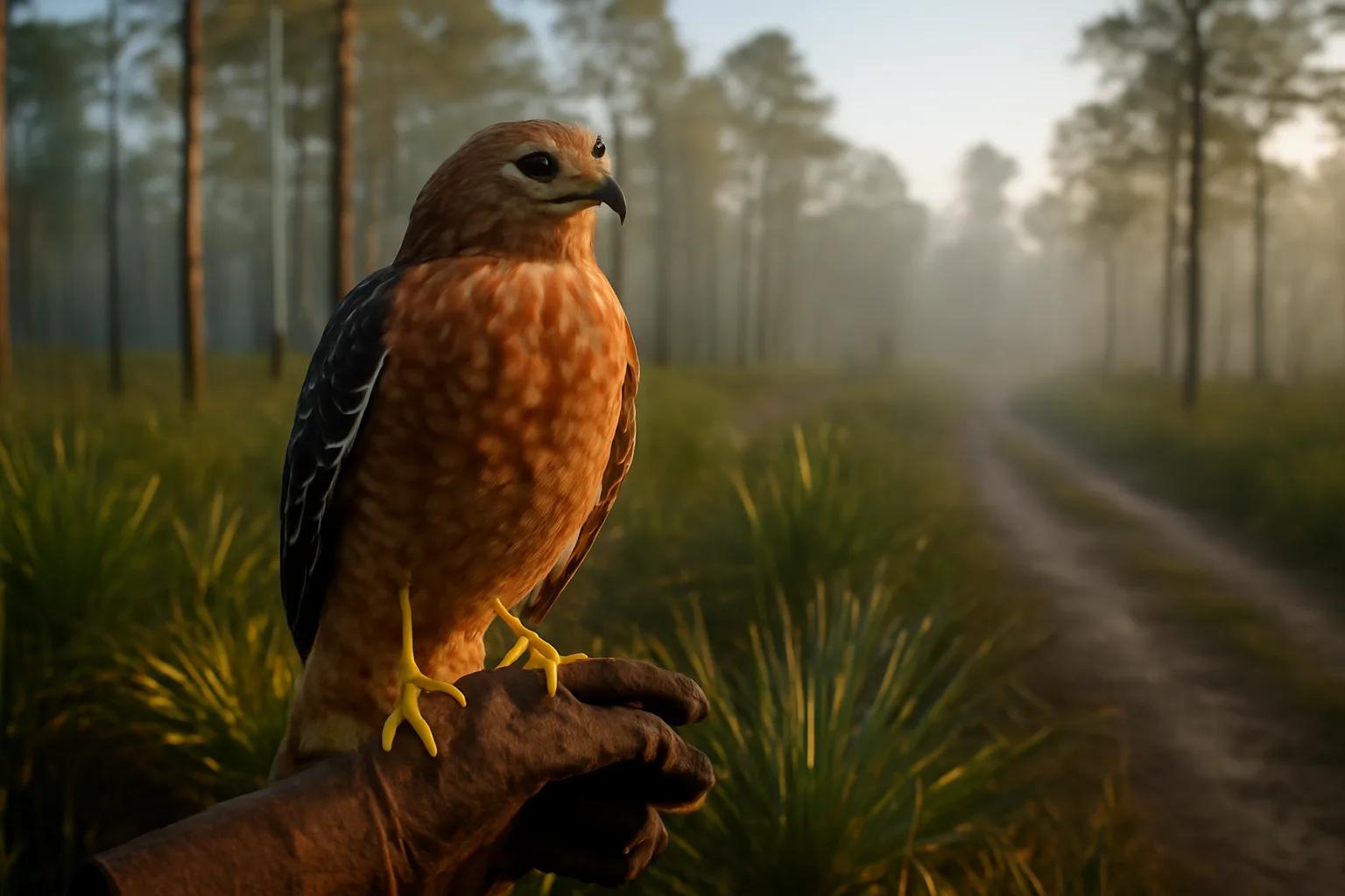 Red-shouldered hawk on a glove in Florida pine flatwoods