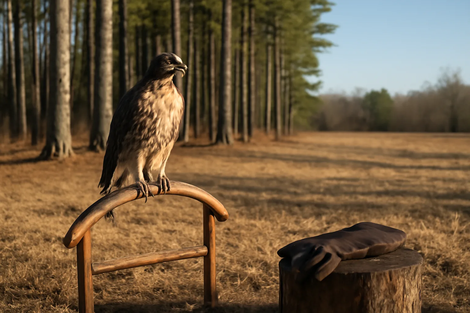 Red-tailed hawk on a bow perch beside Georgia pines