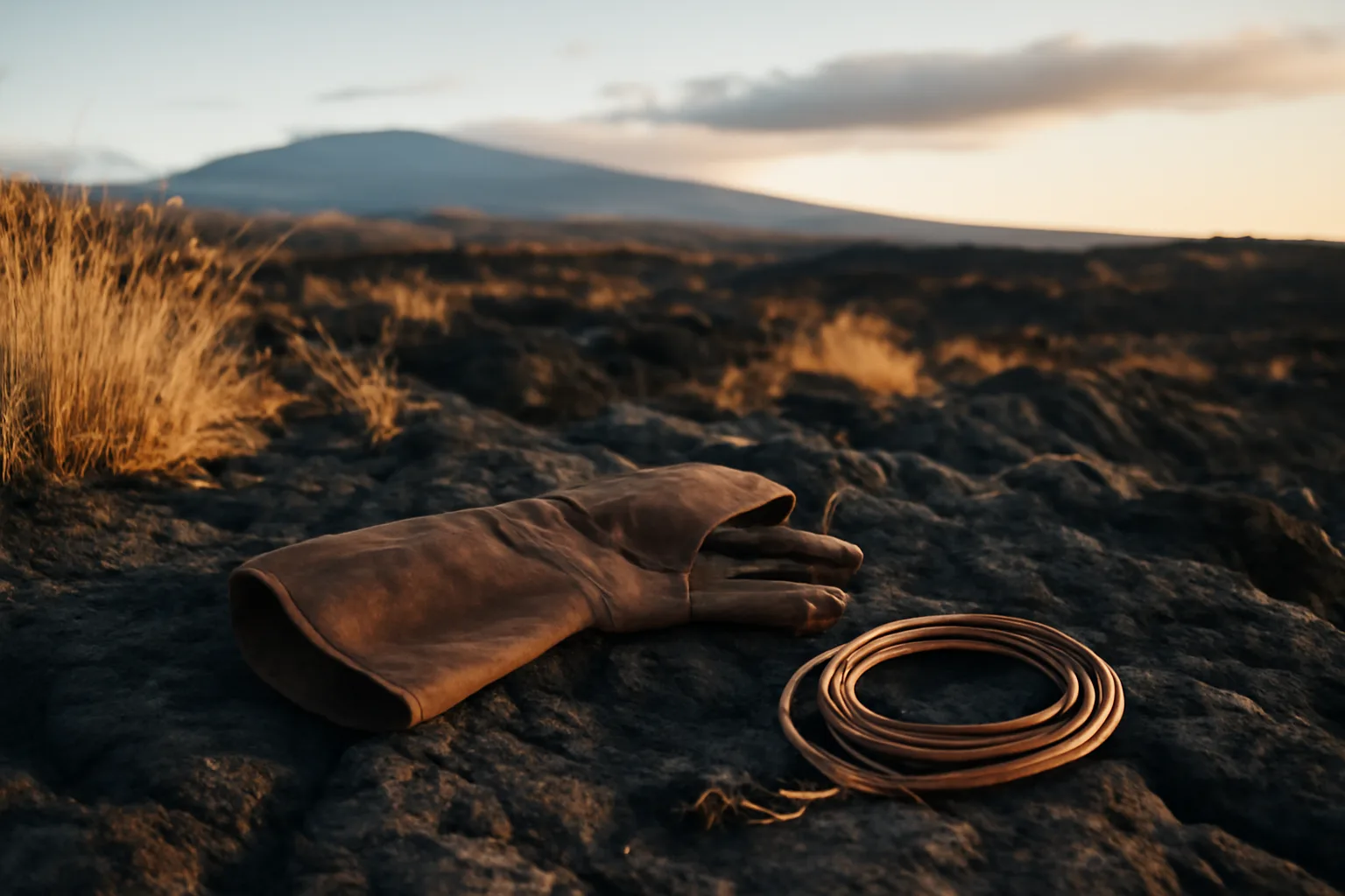 Leather falconry glove on lava rock in Hawaii at dawn
