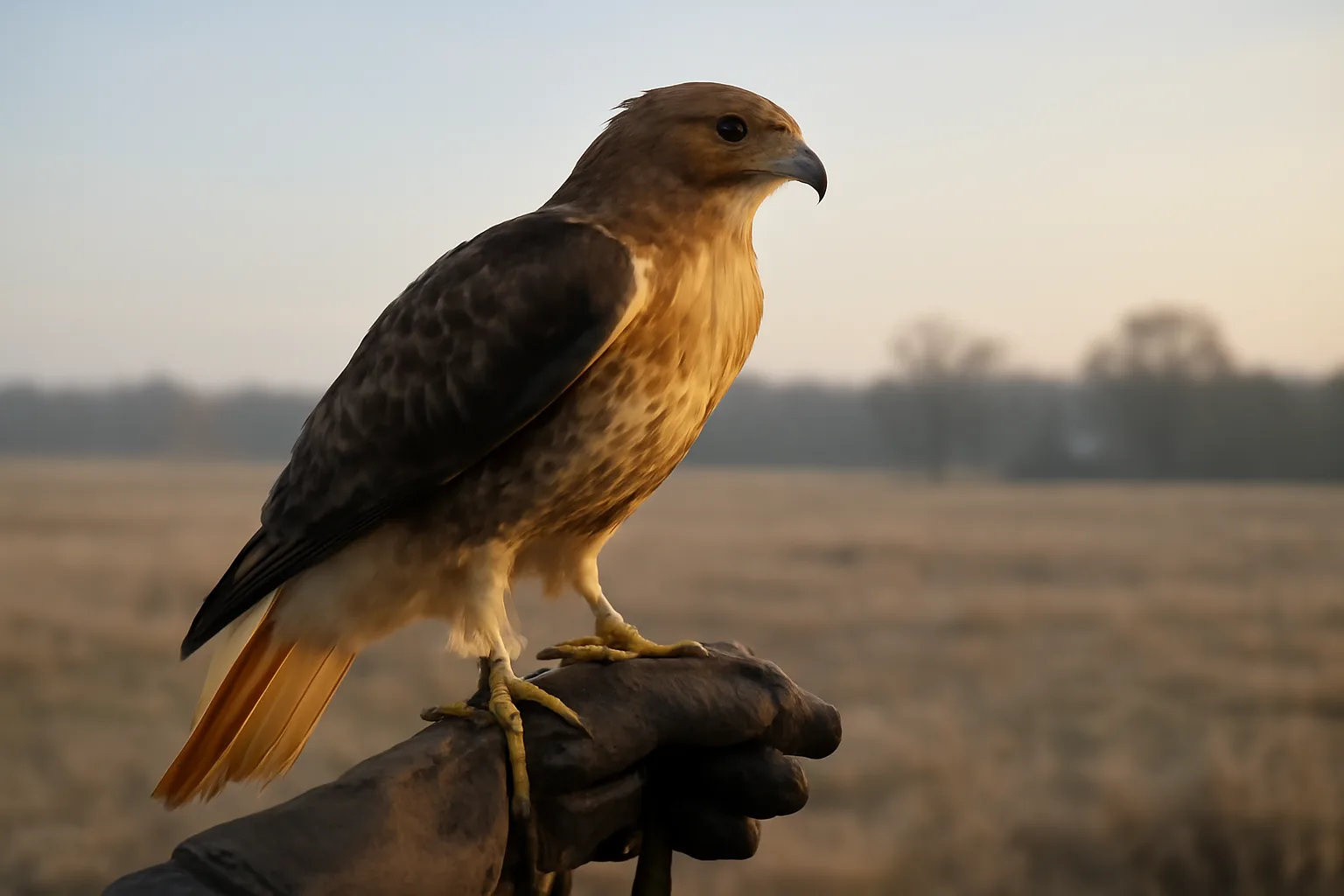 Red-tailed hawk on falconer's glove in an Alabama winter field