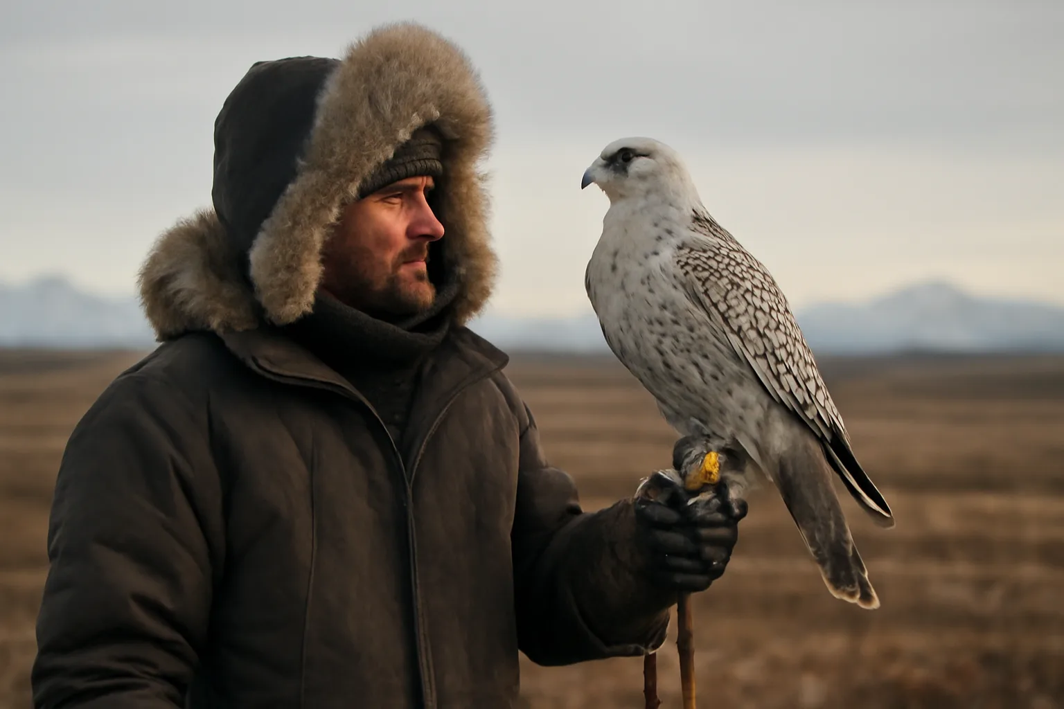 Falconer holding a gyrfalcon on a glove on Alaska tundra in winter