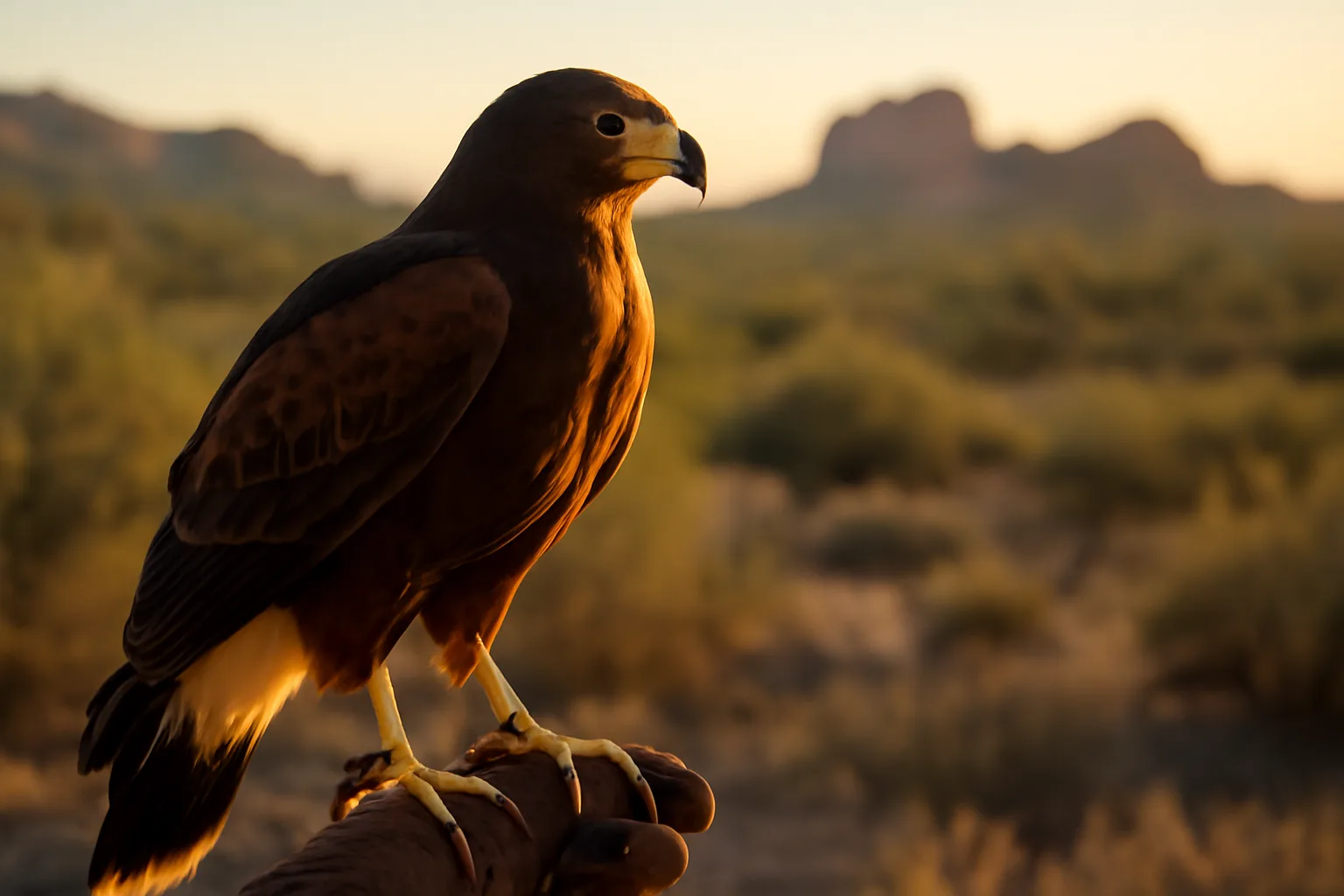Harris's hawk perched on falconer's glove in Arizona desert at sunset