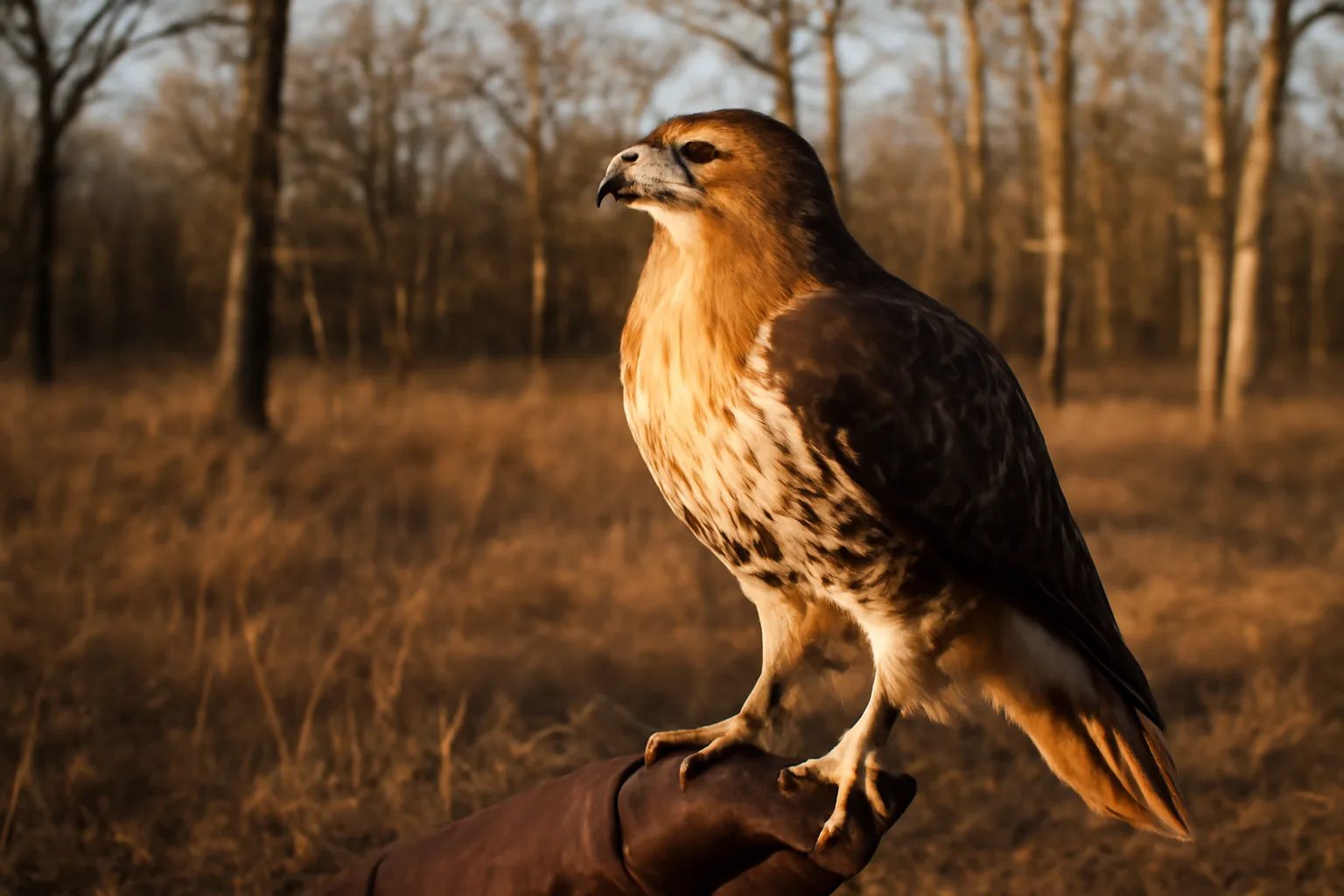 Red-tailed hawk on a glove during Arkansas falconry field work