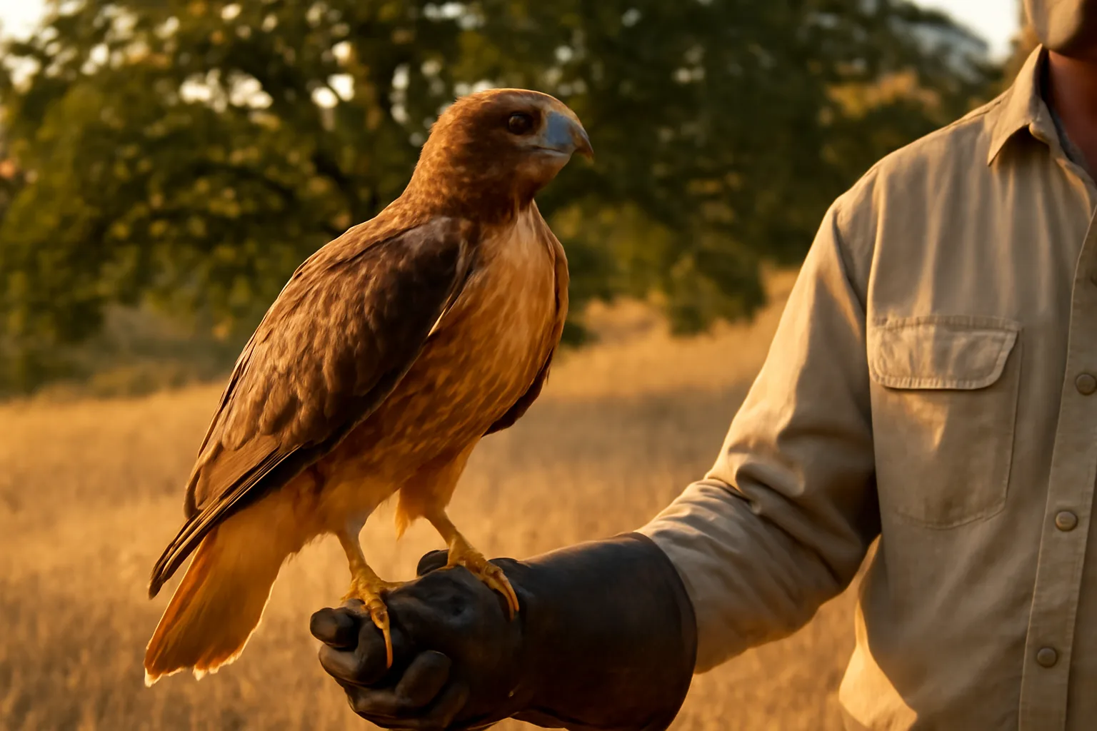 Red-tailed hawk on a glove in California oak grassland at sunset