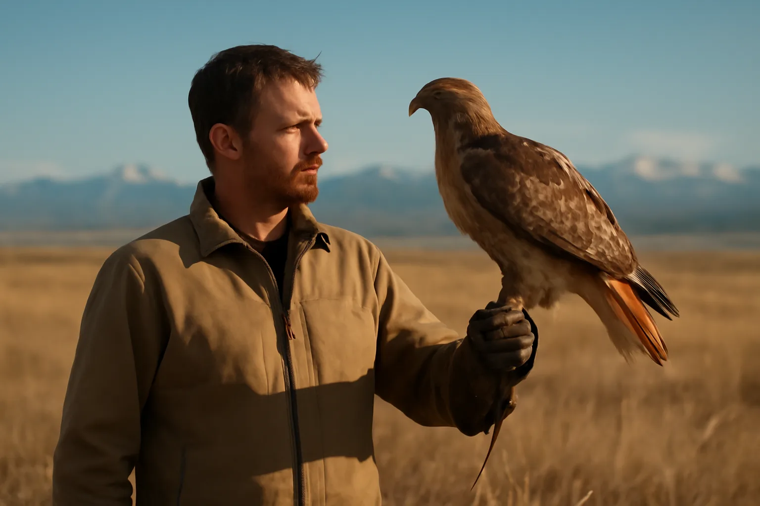 Falconer holding a red-tailed hawk on Colorado shortgrass prairie