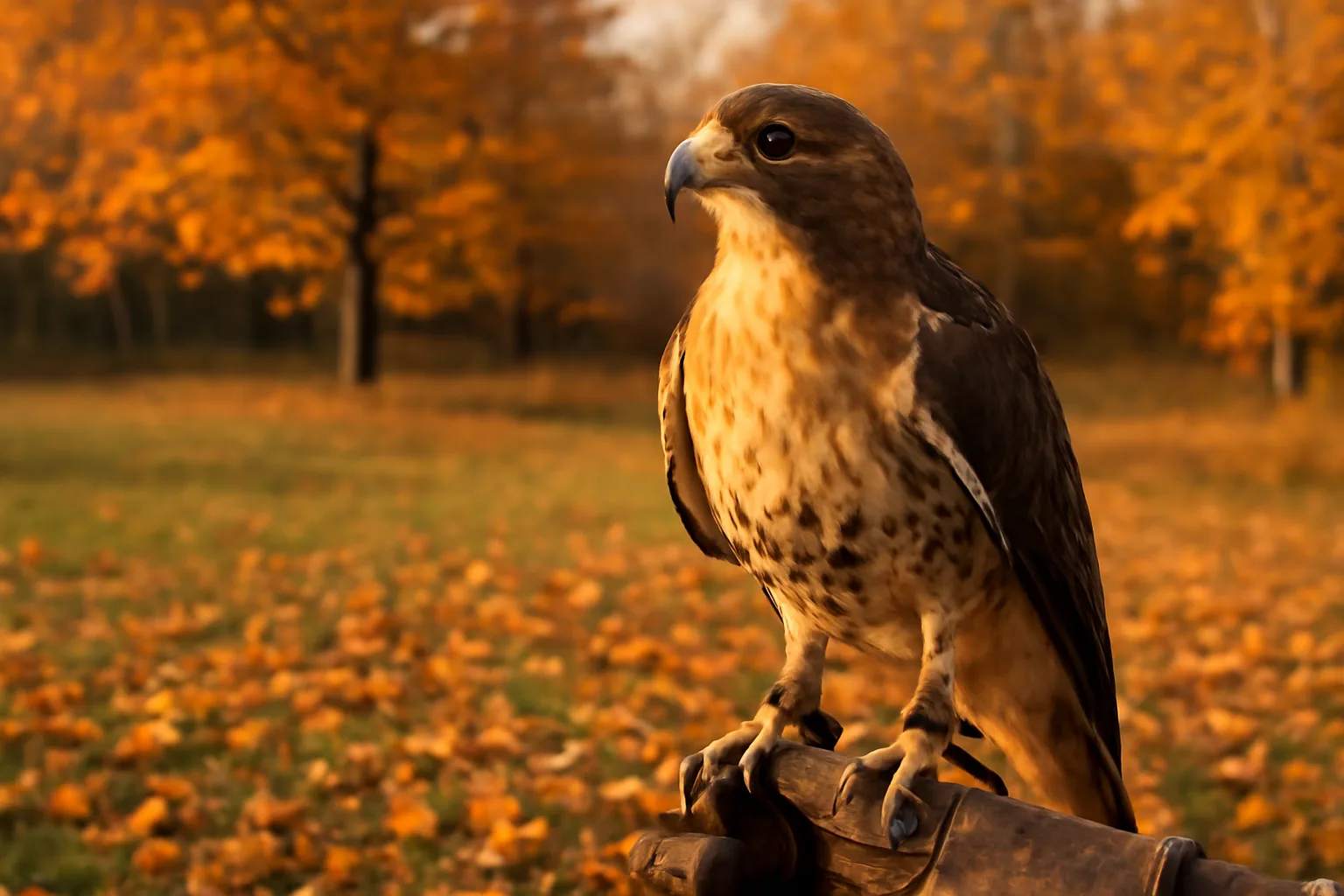 Red-tailed hawk on a glove in a Connecticut autumn woods