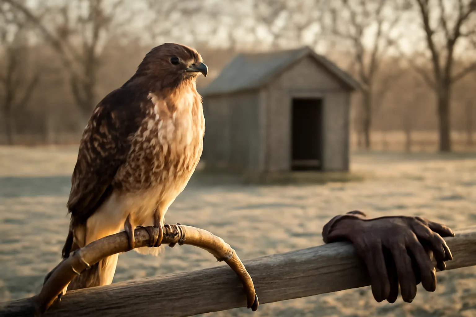Red-tailed hawk perched beside a wooden mews in winter Delaware light