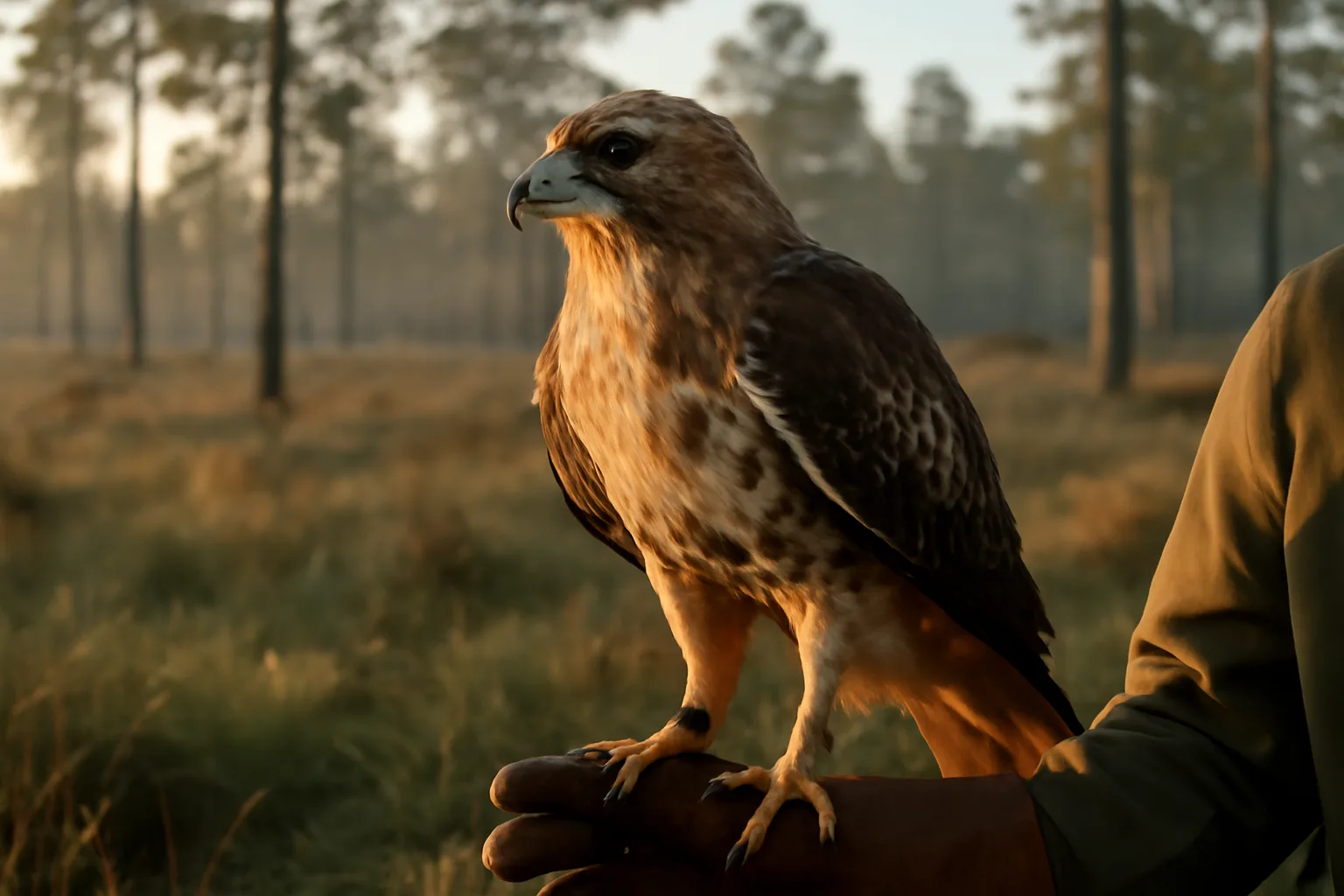 Red-tailed hawk on a glove in Florida pine woods