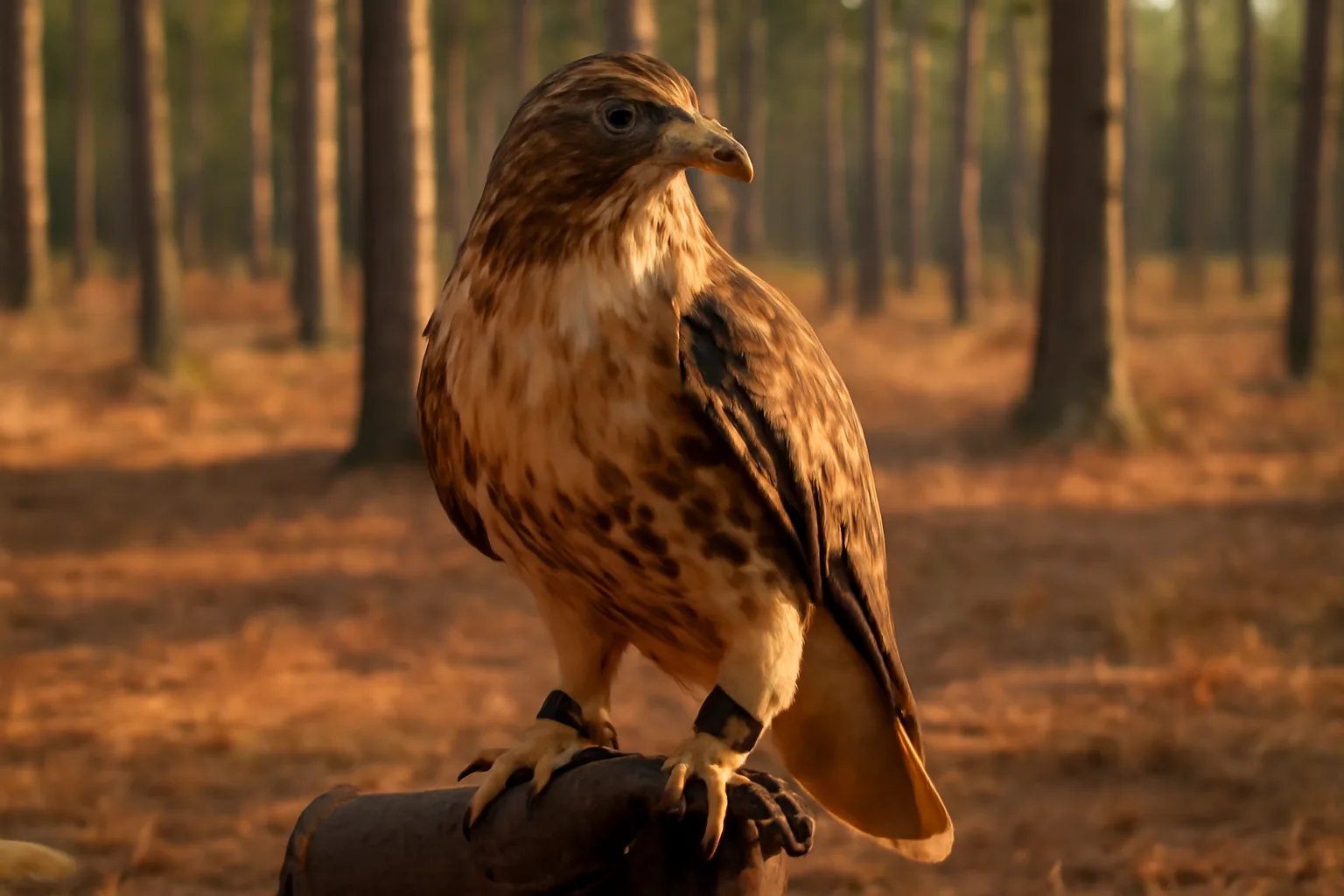 Red-tailed hawk on a leather glove in Georgia pine woods