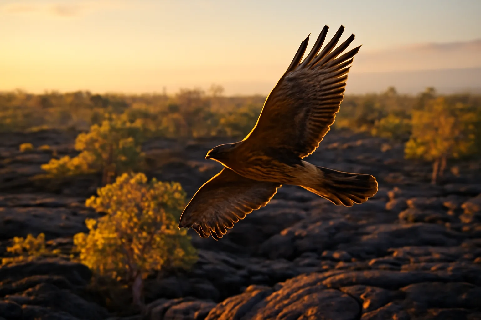 Hawaiian hawk soaring at sunrise above island lava fields