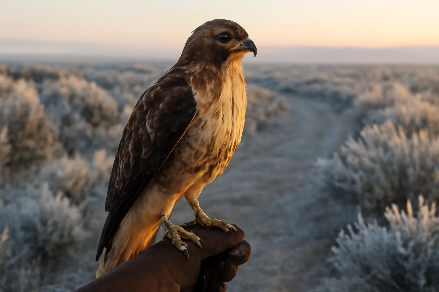 Red-tailed hawk on a glove in Idaho sagebrush at dawn