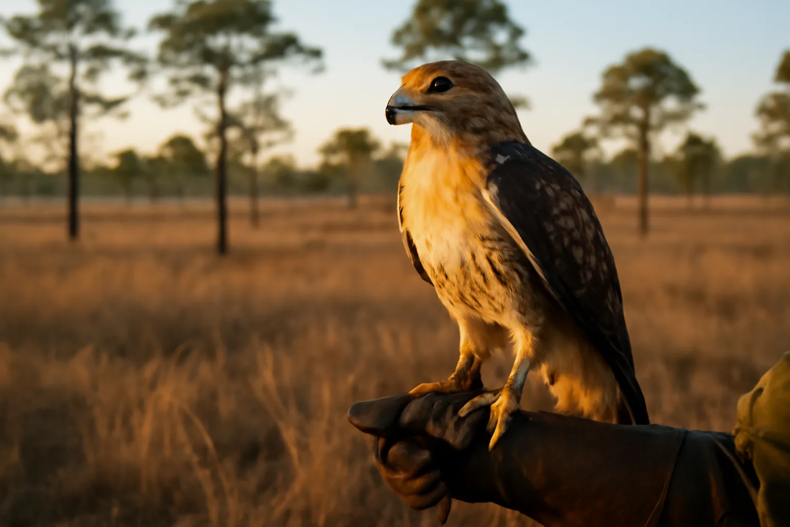 Falconer holding a red-tailed hawk on glove in Alabama pine savanna at dusk