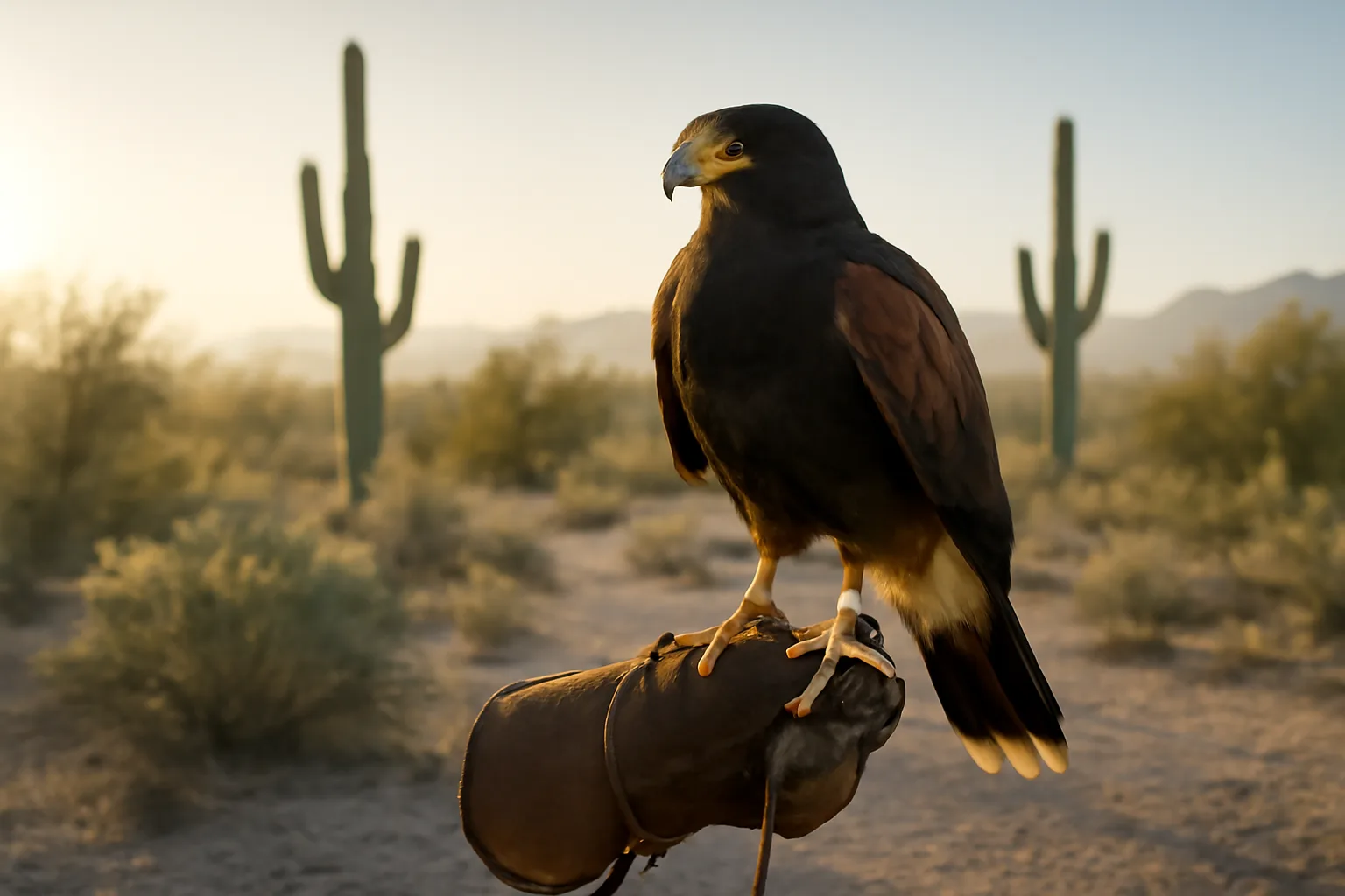 Harris's hawk used for Arizona falconry perched on a glove at dawn