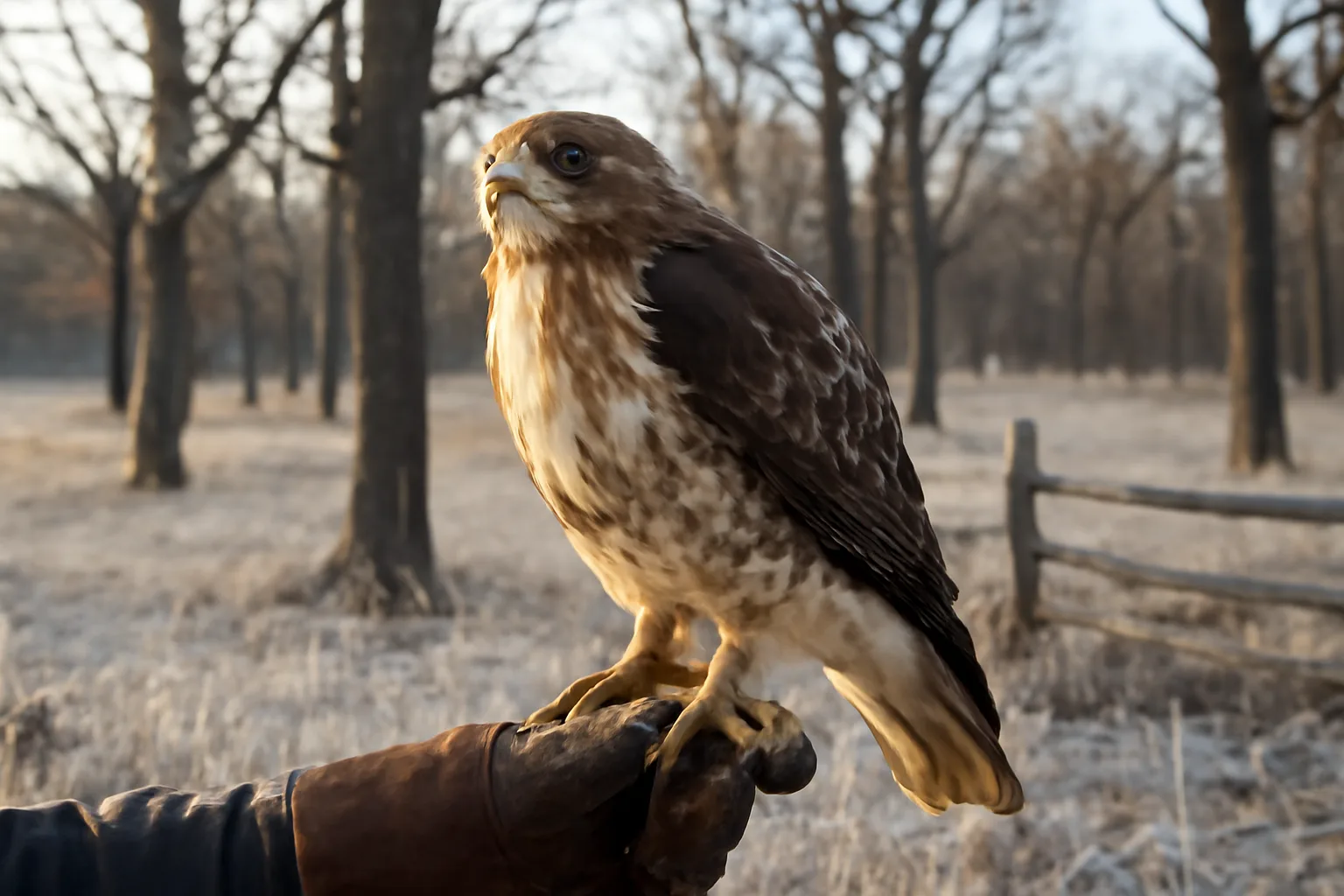 Red-tailed hawk on a glove during Arkansas falconry fieldwork