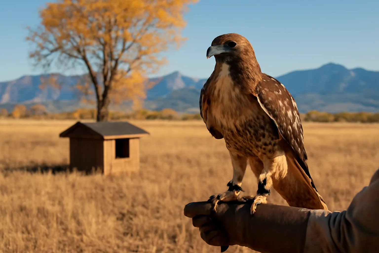 Red-tailed hawk on a glove near a Colorado mews at dusk