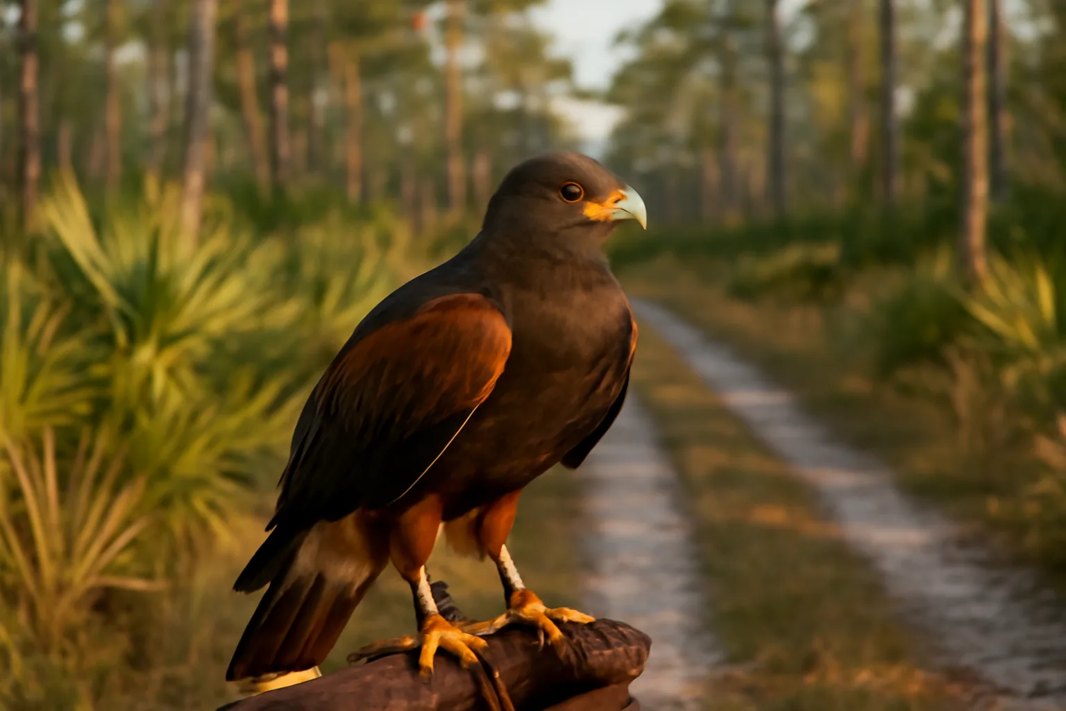 Harris's hawk on a falconer's glove in Florida flatwoods