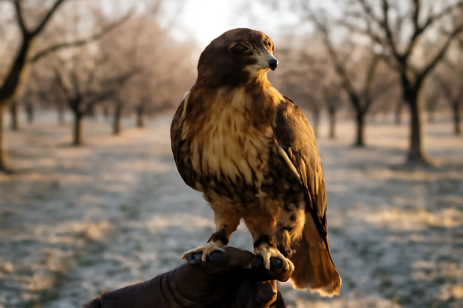 Hooded red-tailed hawk on a glove in a Georgia pecan orchard