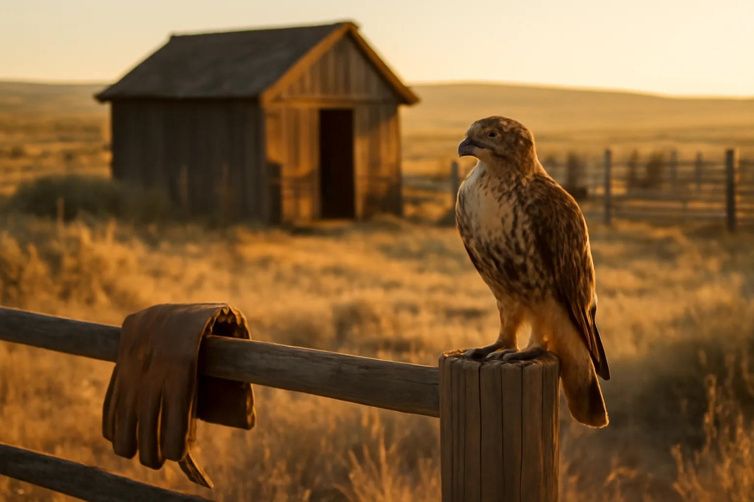 A hawk on a block perch beside a wooden mews in Idaho