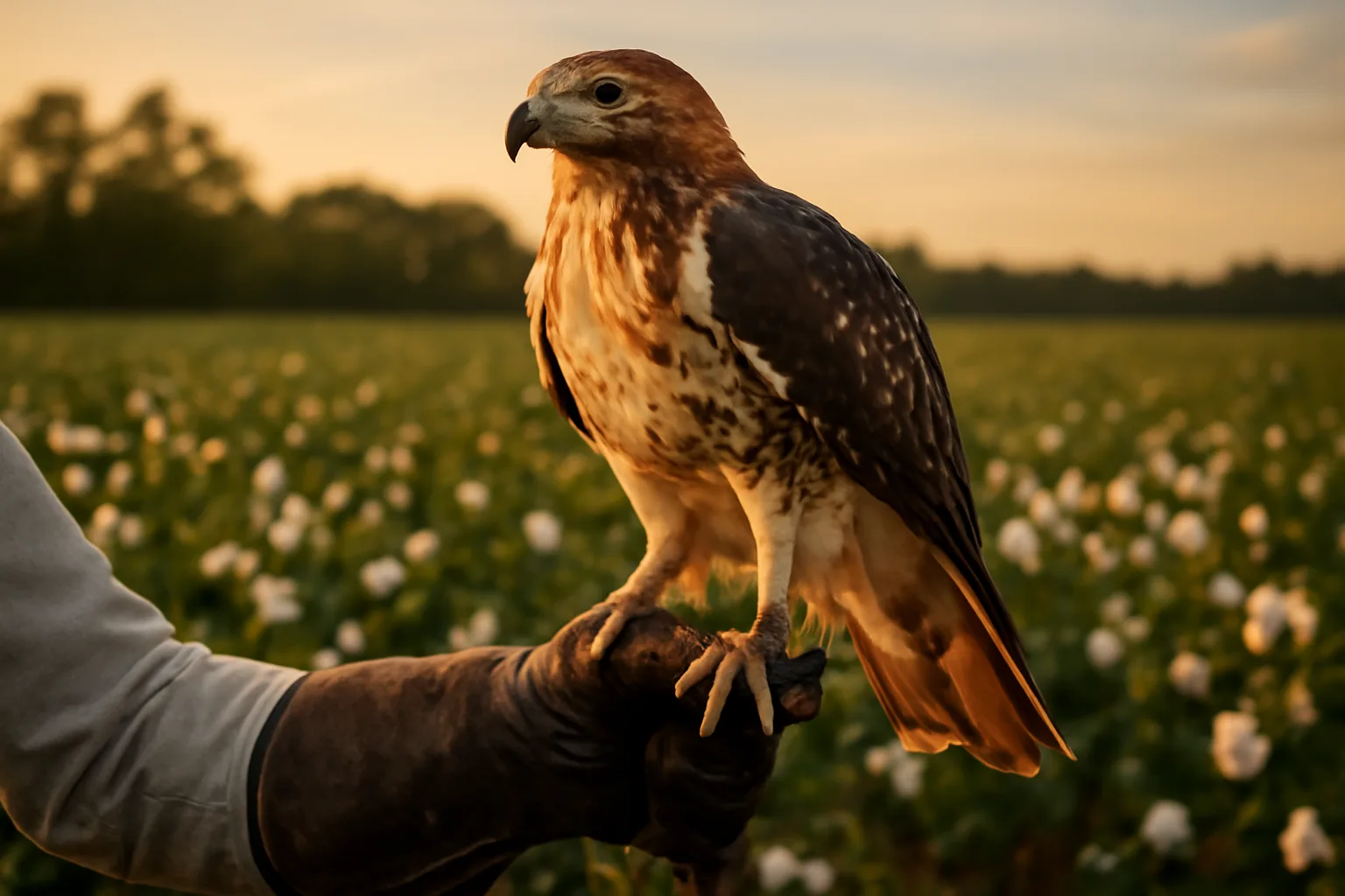 Red-tailed hawk on a falconer's glove in an Alabama field at sunset