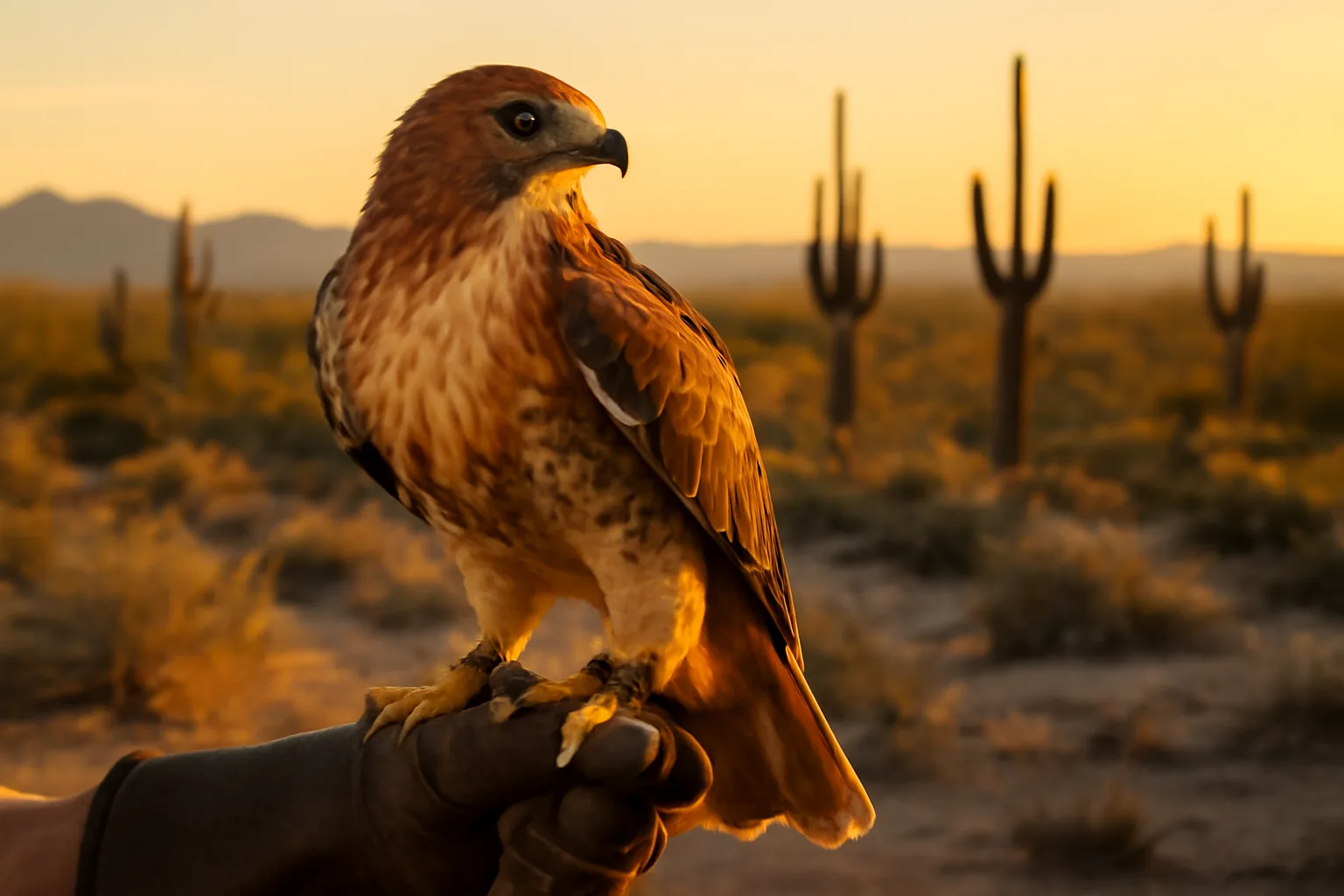 Red-tailed hawk on a falconer's glove in Arizona desert at sunset