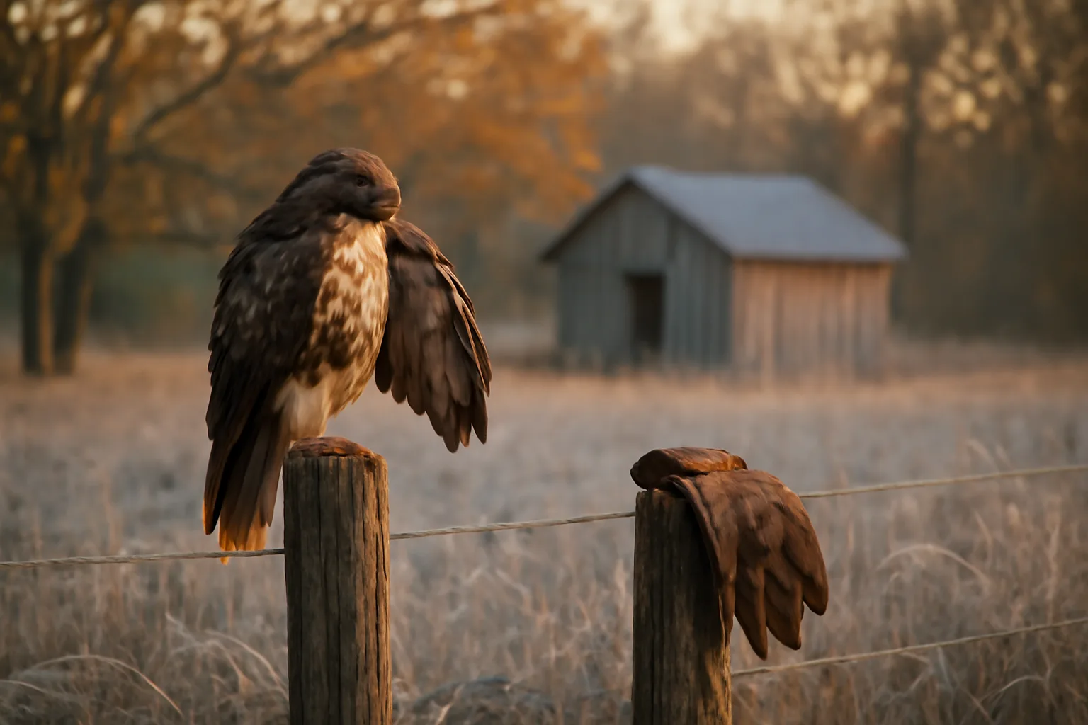 Hawk on a wooden perch beside an Arkansas woodland mews at dawn