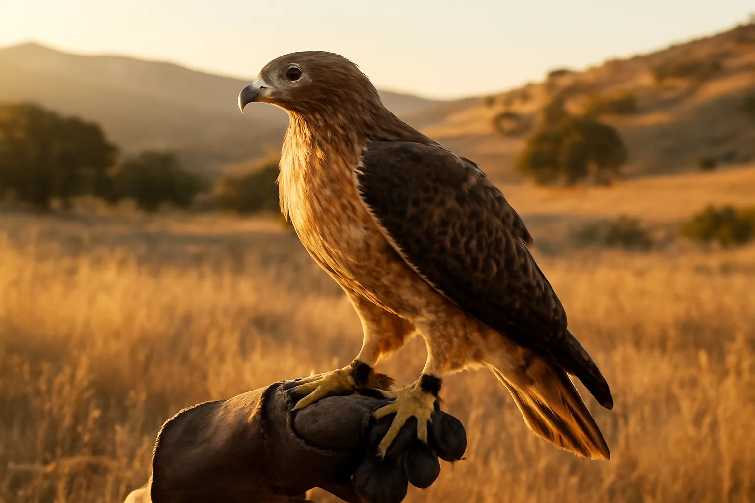 Red-tailed hawk on a glove at sunrise in California grassland