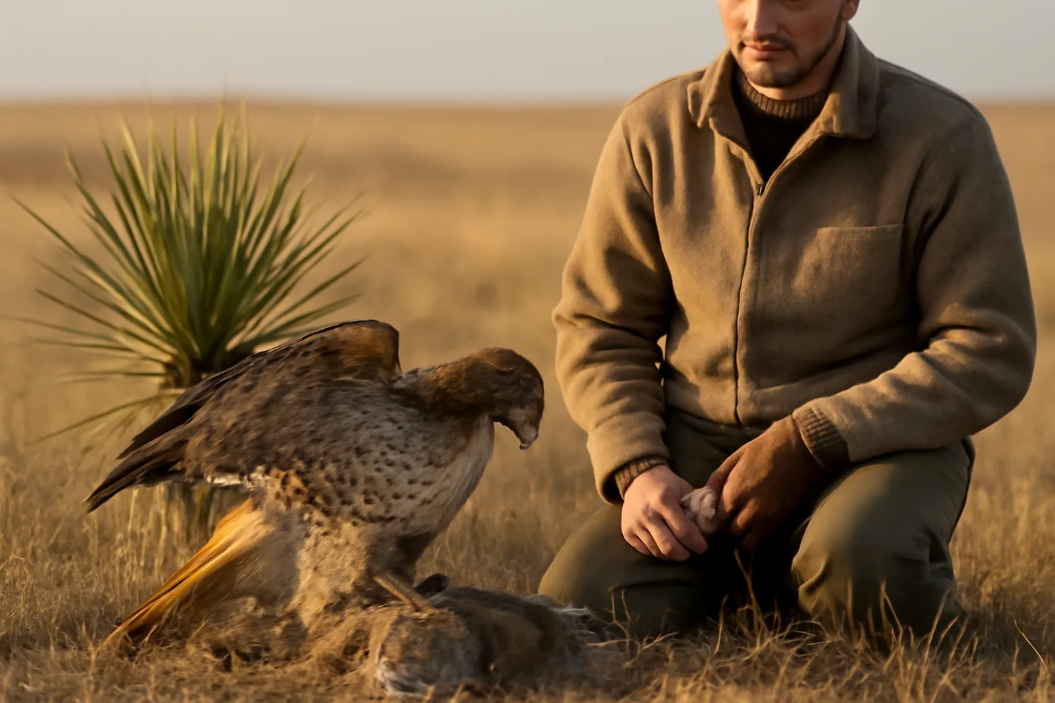 Red-tailed hawk and falconer on Colorado prairie at sunrise