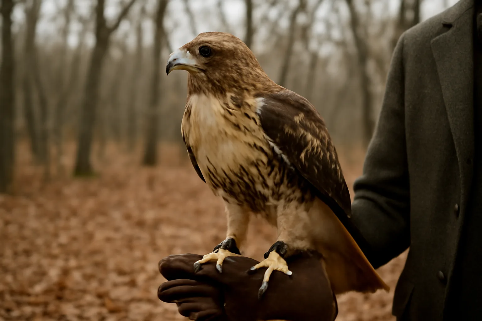 Red-tailed hawk on a glove in a Connecticut oak woods