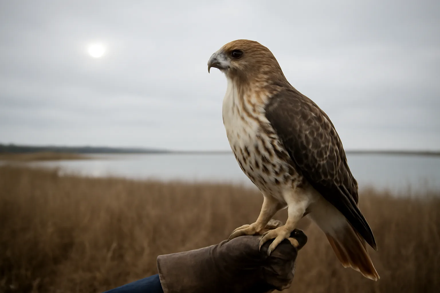 Red-tailed hawk on a glove in a Delaware winter marsh